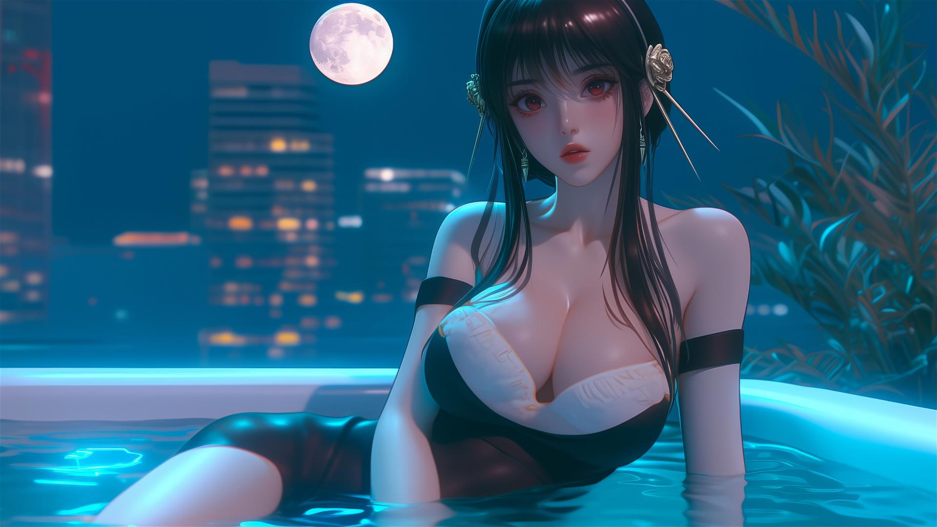 Yor Forger from Spy x Family, relaxing in a moonlit tub