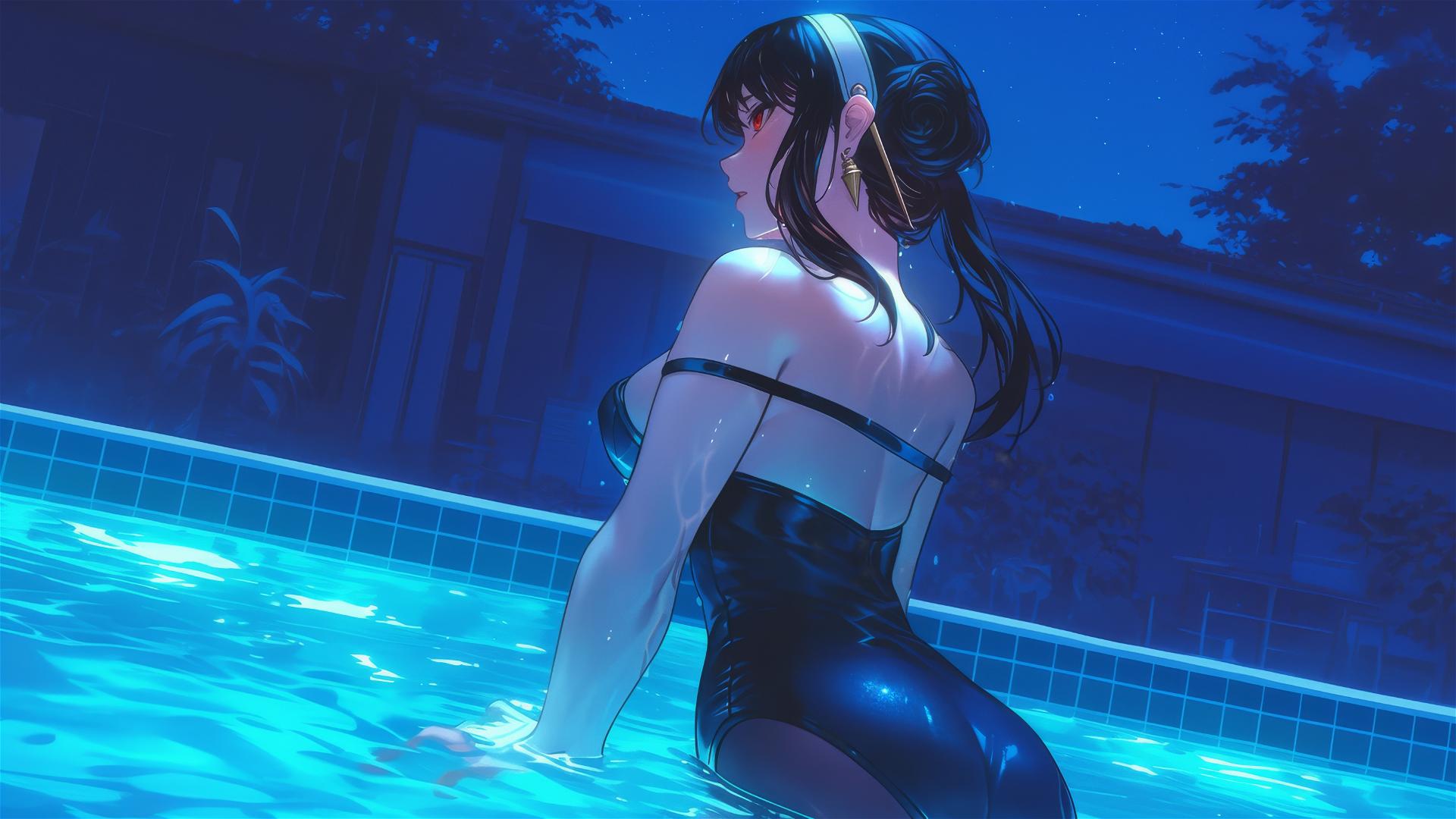 Yor Forger in bunny girl outfit in moonlit pool from Spy x Family