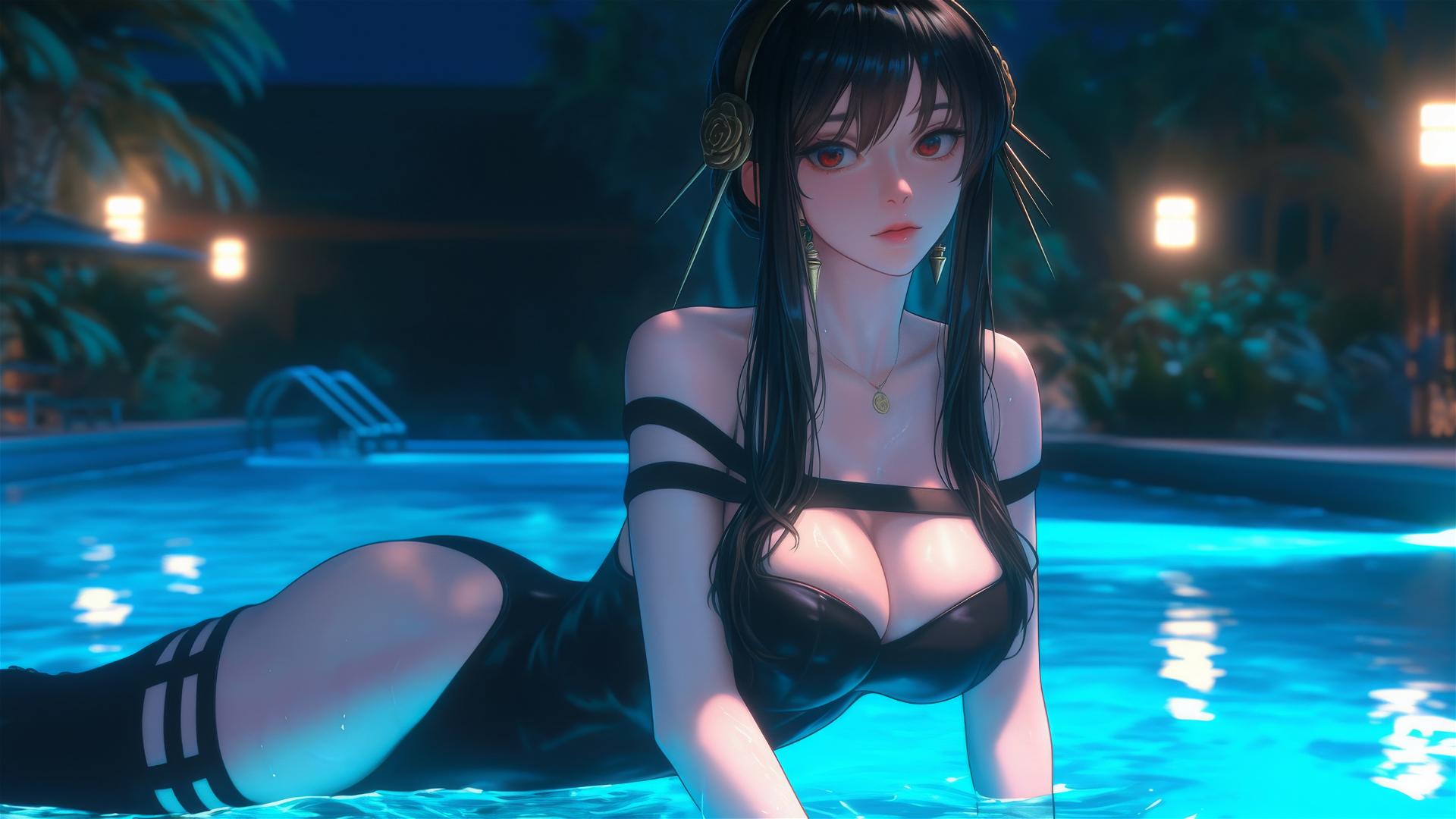 Yor Forger in a bunny girl outfit resting by a pool under moonlight.
