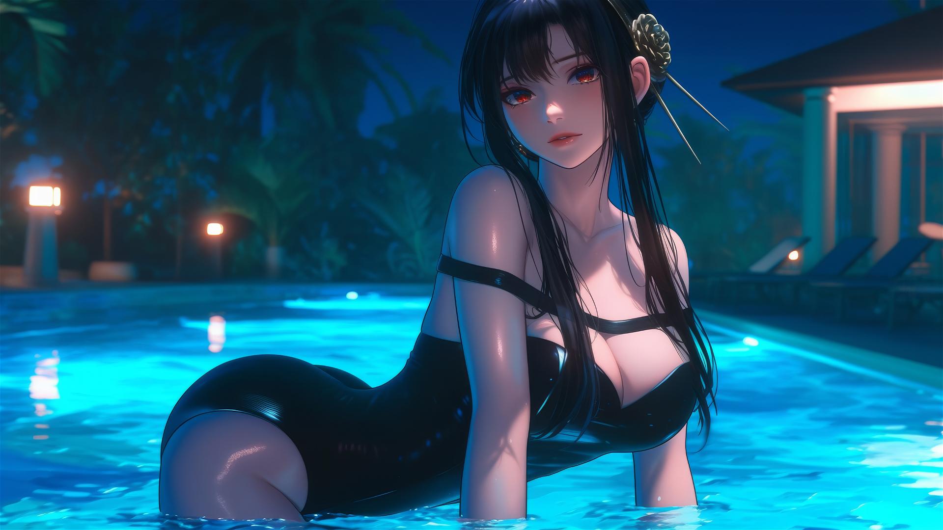 Yor Forger in Bunny girl style, resting by the swimming pool under moonlight.