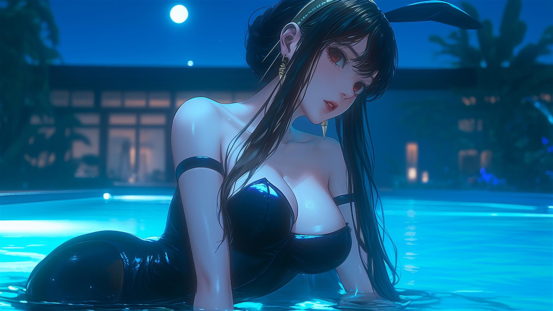 Yor Forger in bunny girl style resting by the pool under moonlight