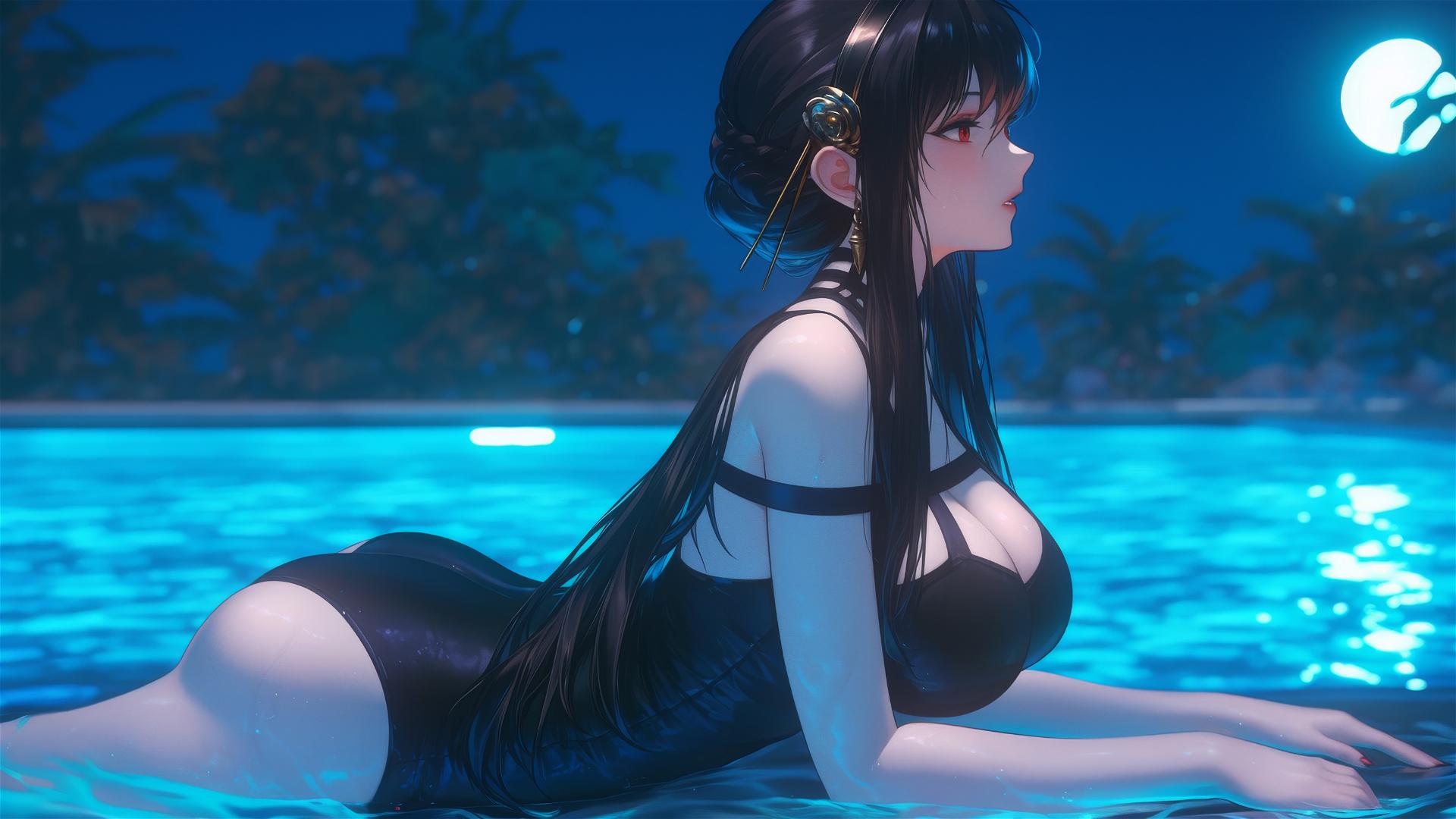 Yor Forger in bunny girl outfit relaxing by pool under moonlight