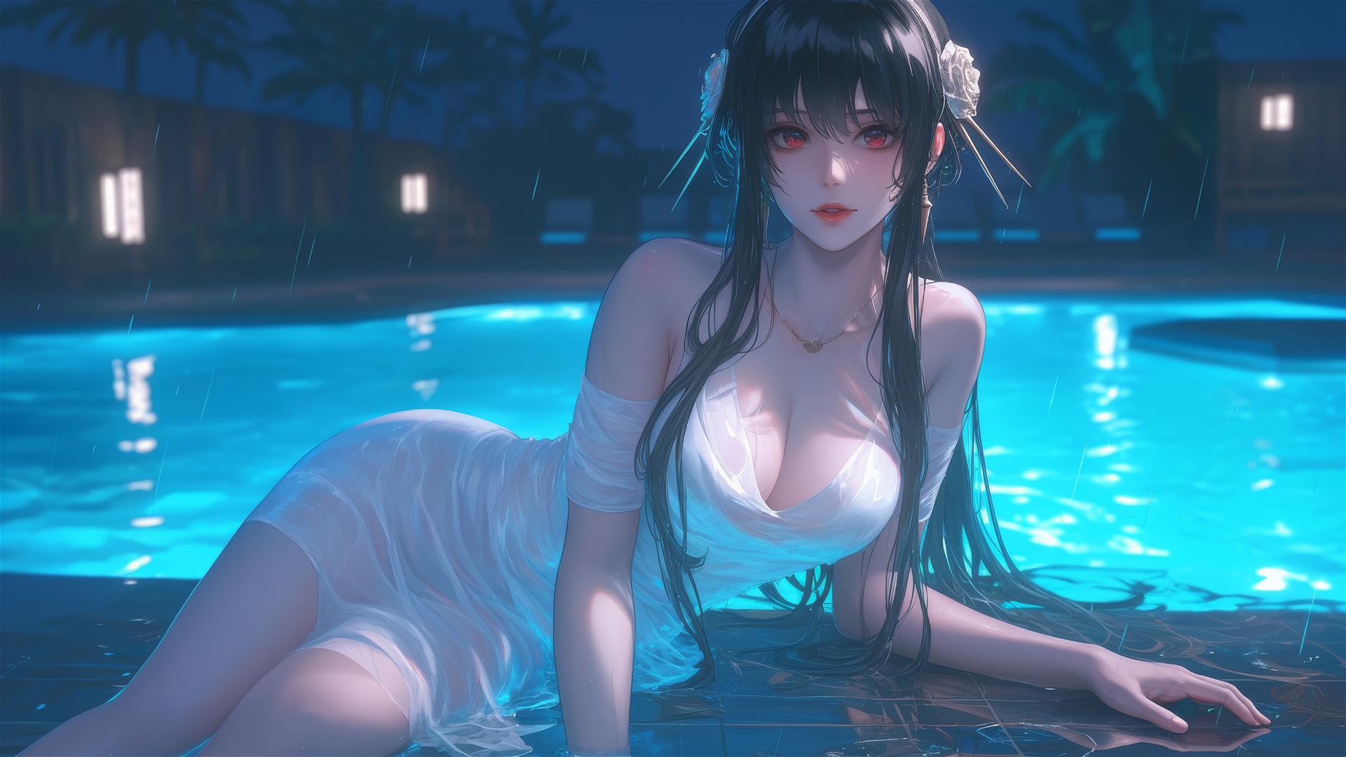 Yor Forger in a white dress resting by a rainy pool under moonlight.