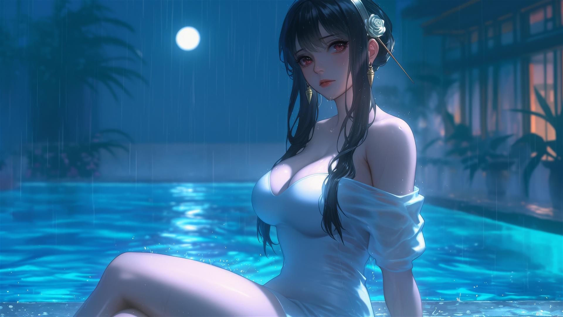 Yor Forger in white dress by a pool in moonlit rain