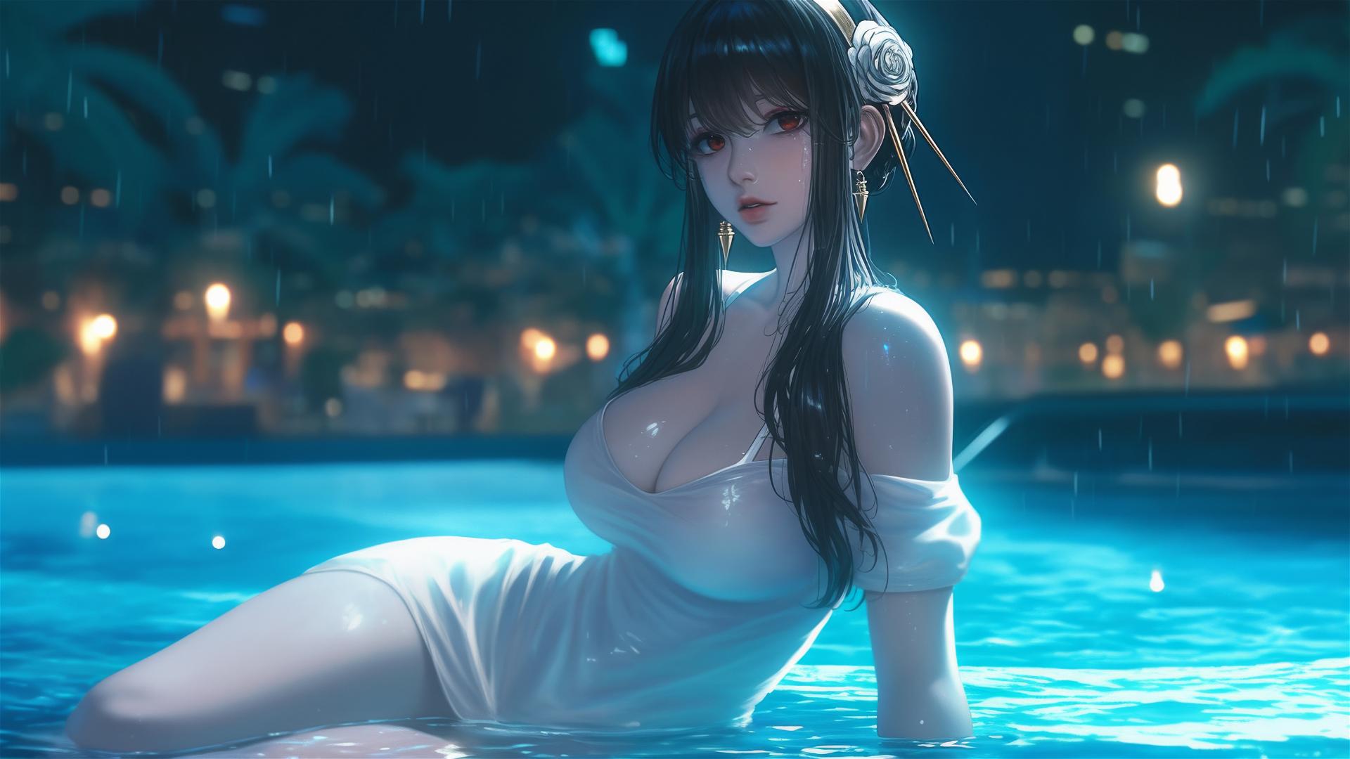 Yor Forger in white dress resting by a moonlit rainy pool