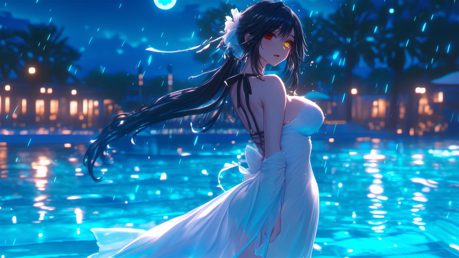 Kurumi Tokisaki standing in a rainy pool under moonlight, dressed in white.