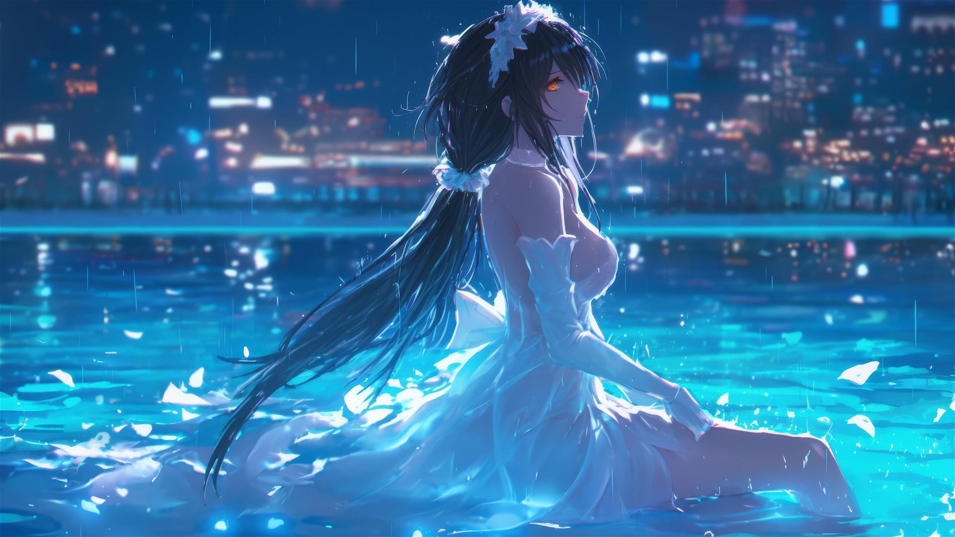 Kurumi Tokisaki standing in a rainy swimming pool under moonlight, wearing pure white dress