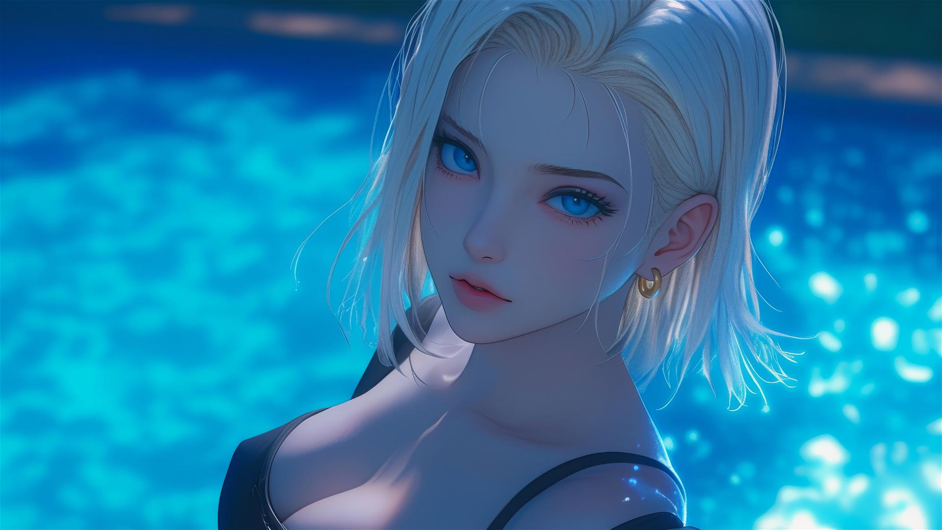 Android 18 resting by a rainy swimming pool under moonlight