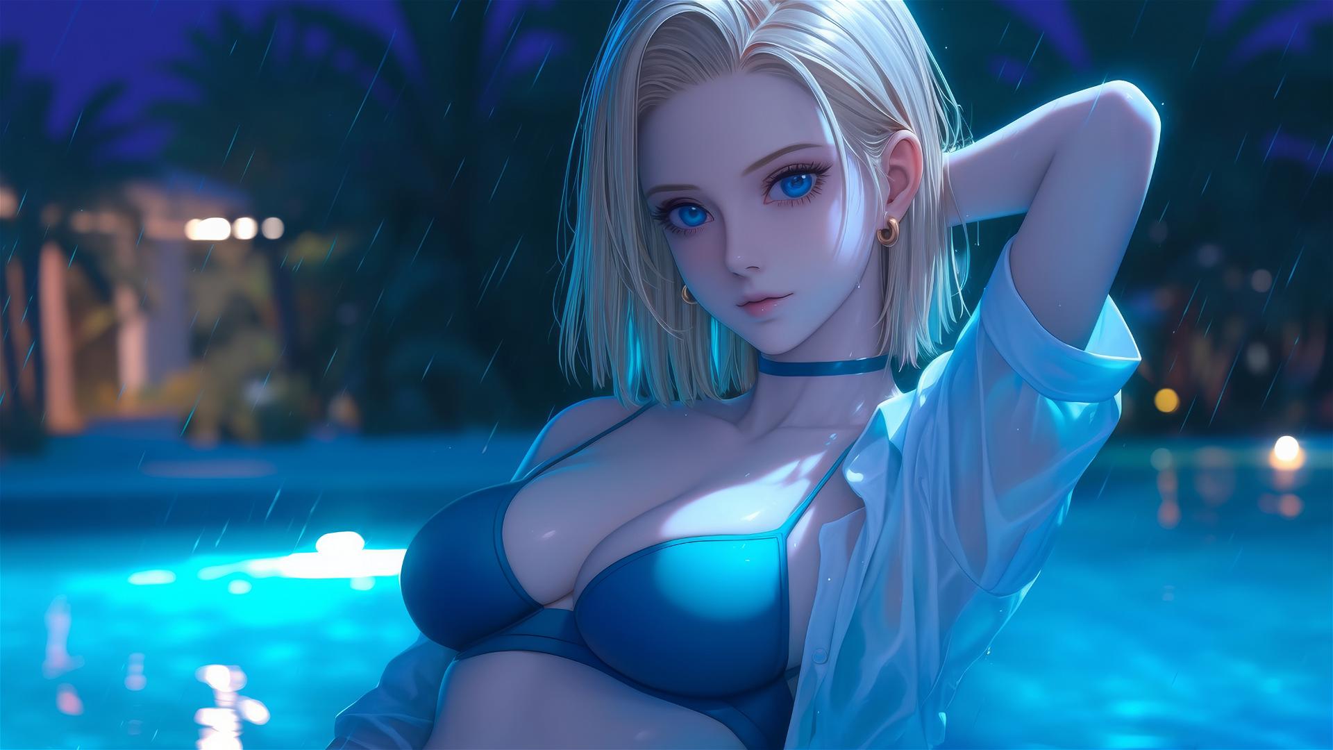 Android 18 from Dragon Ball resting by a rainy swimming pool at night with moonlight.
