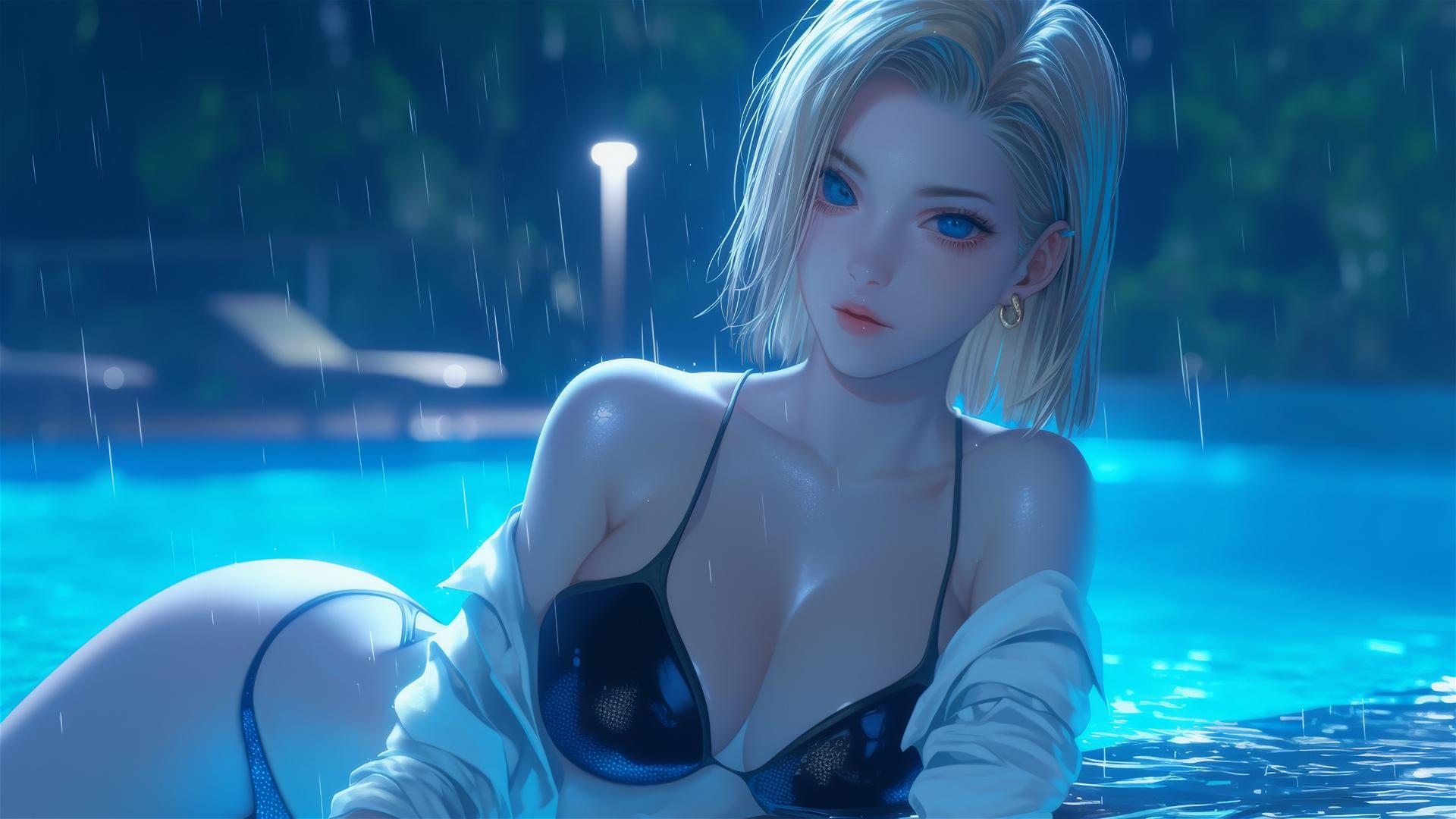 Android 18 resting by a rainy pool under moonlight