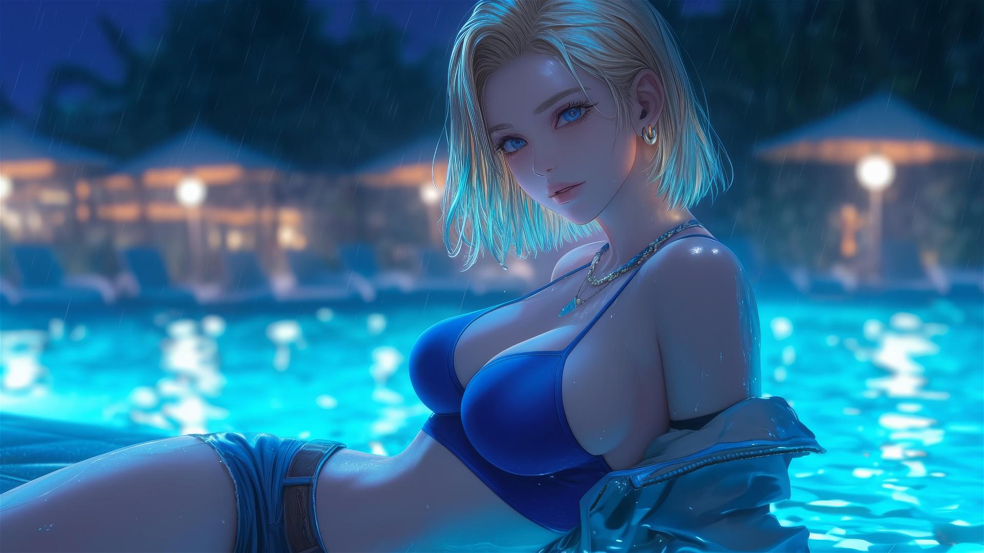 Android 18 resting by a pool under moonlight during rain