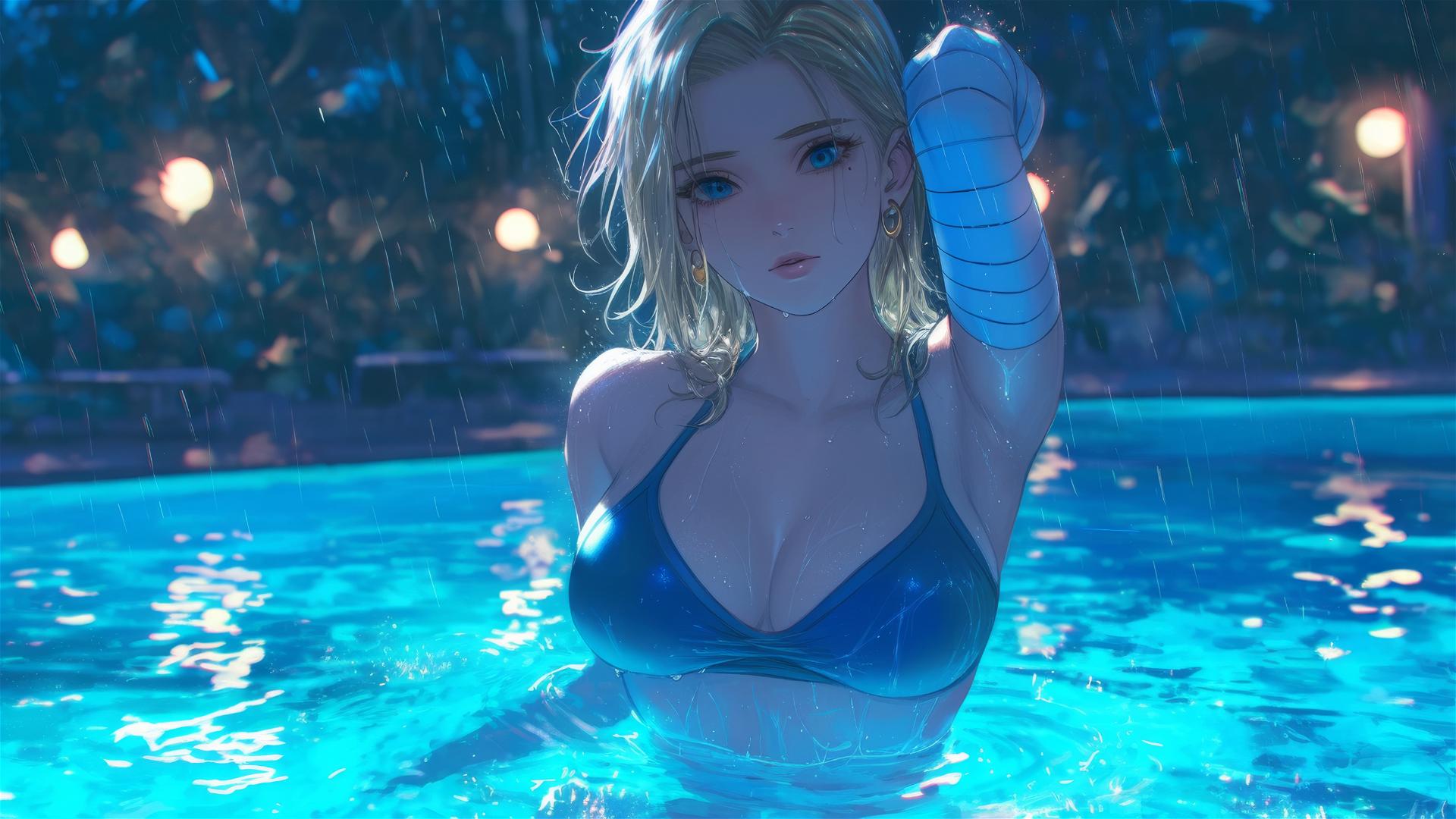 Android 18 from Dragon Ball resting by a rainy swimming pool
