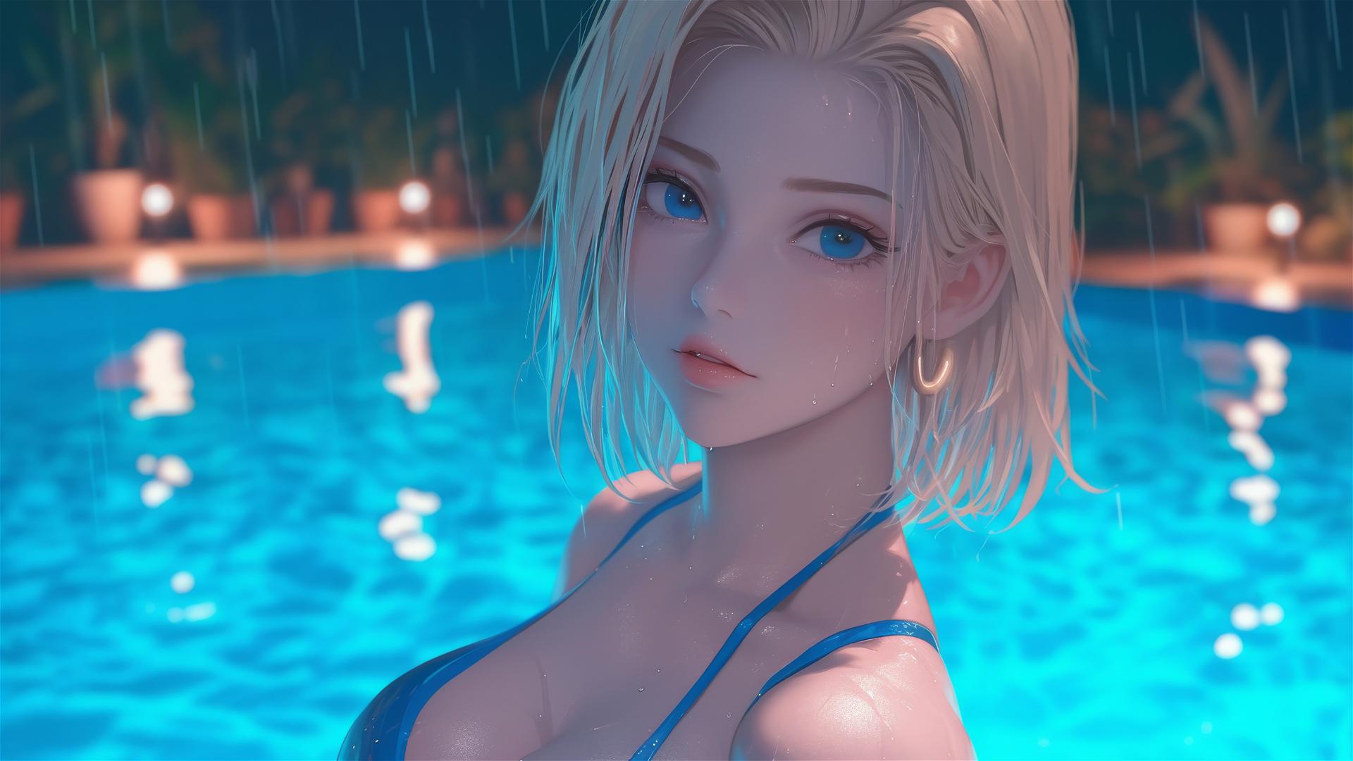 Android 18 from Dragon Ball resting by a rainy swimming pool