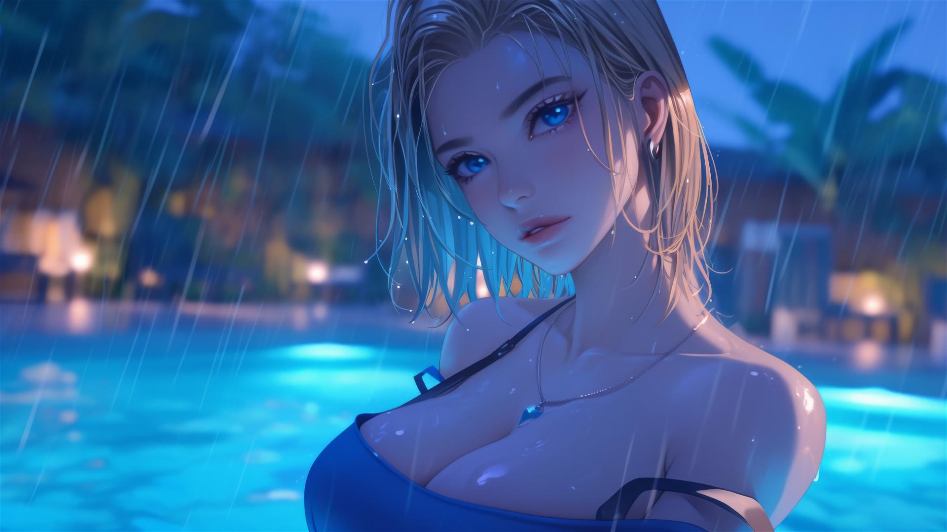 Android 18 from Dragon Ball relaxing at the pool in the rain