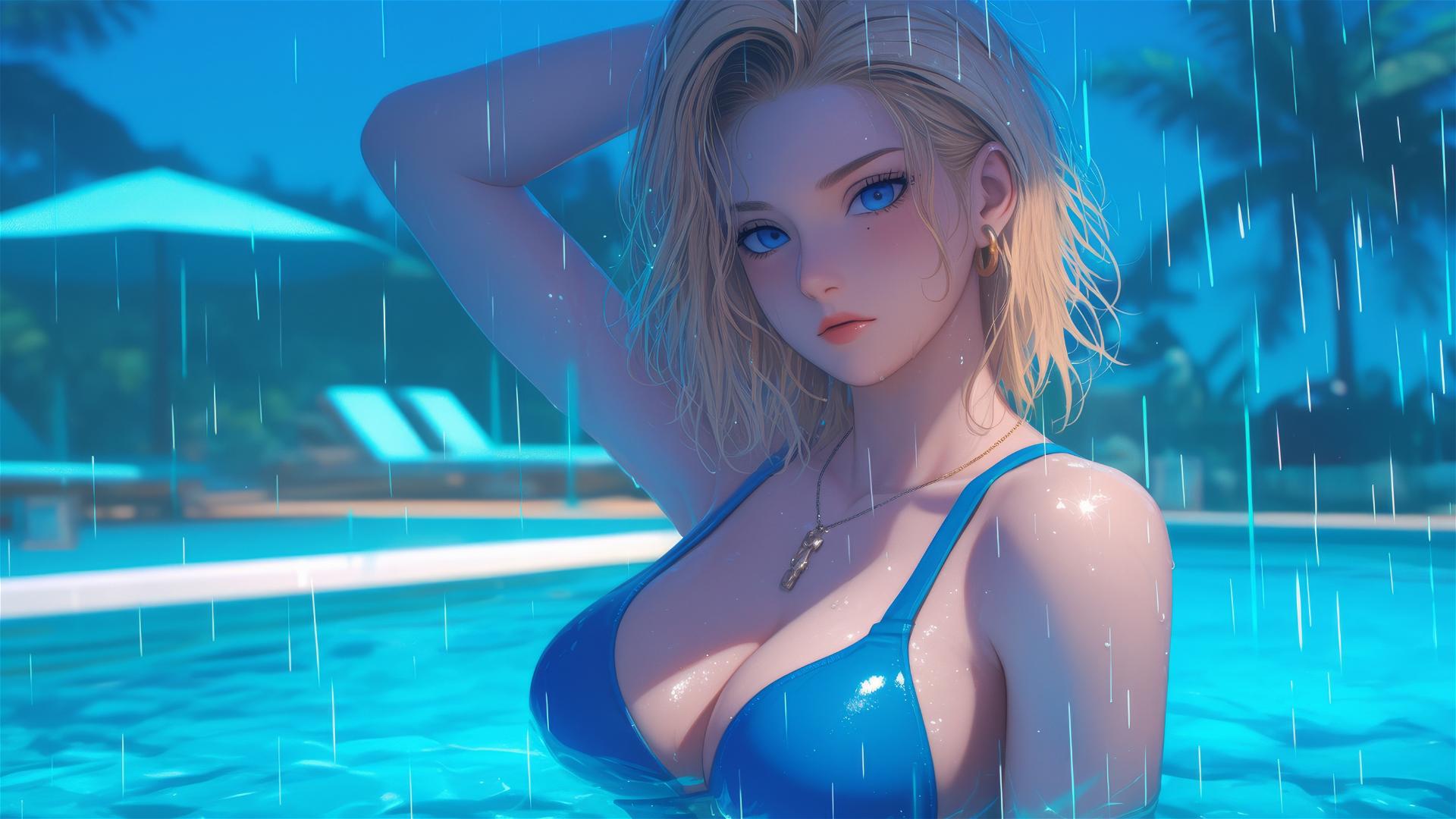 Dragon Ball Android 18 resting by a rainy swimming pool.