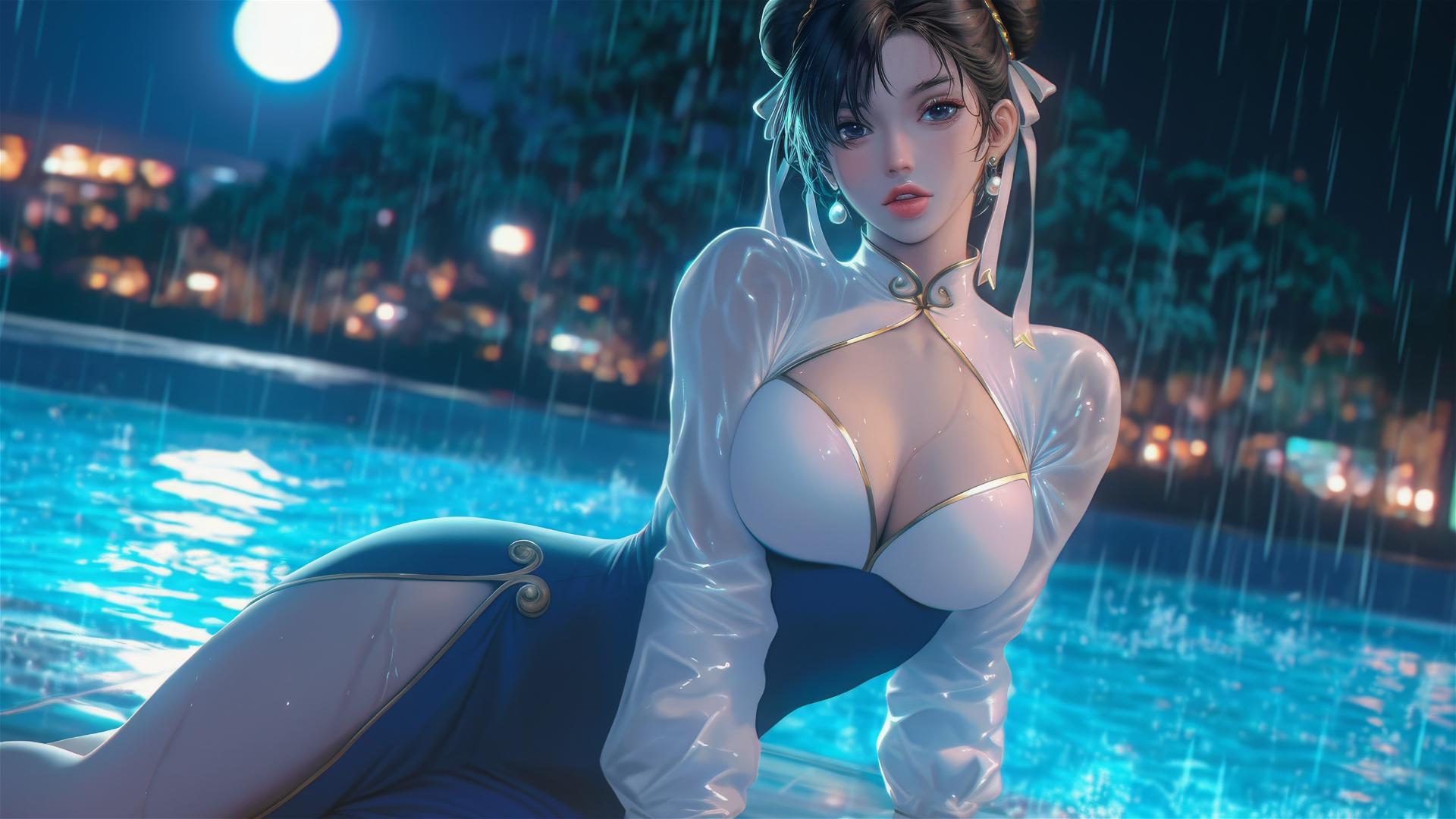 Chun Li from Street Fighter in a white dress resting at a rainy pool under moonlight.
