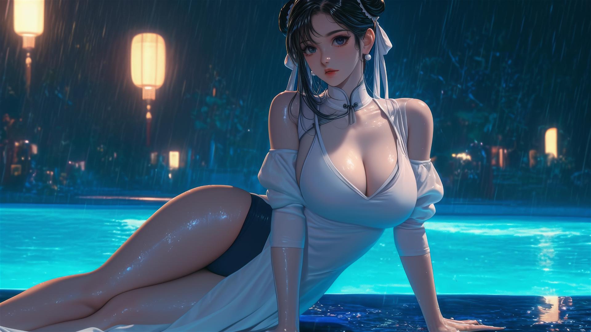 Chun Li in white dress resting by rainy pool under moonlight