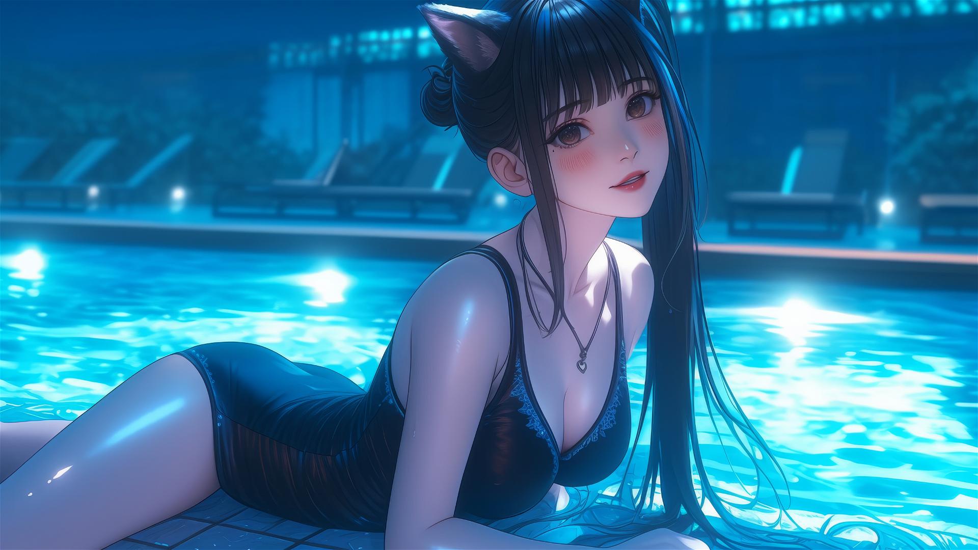Cat girl, super kawaii, resting at a rainy swimming pool under moonlight.