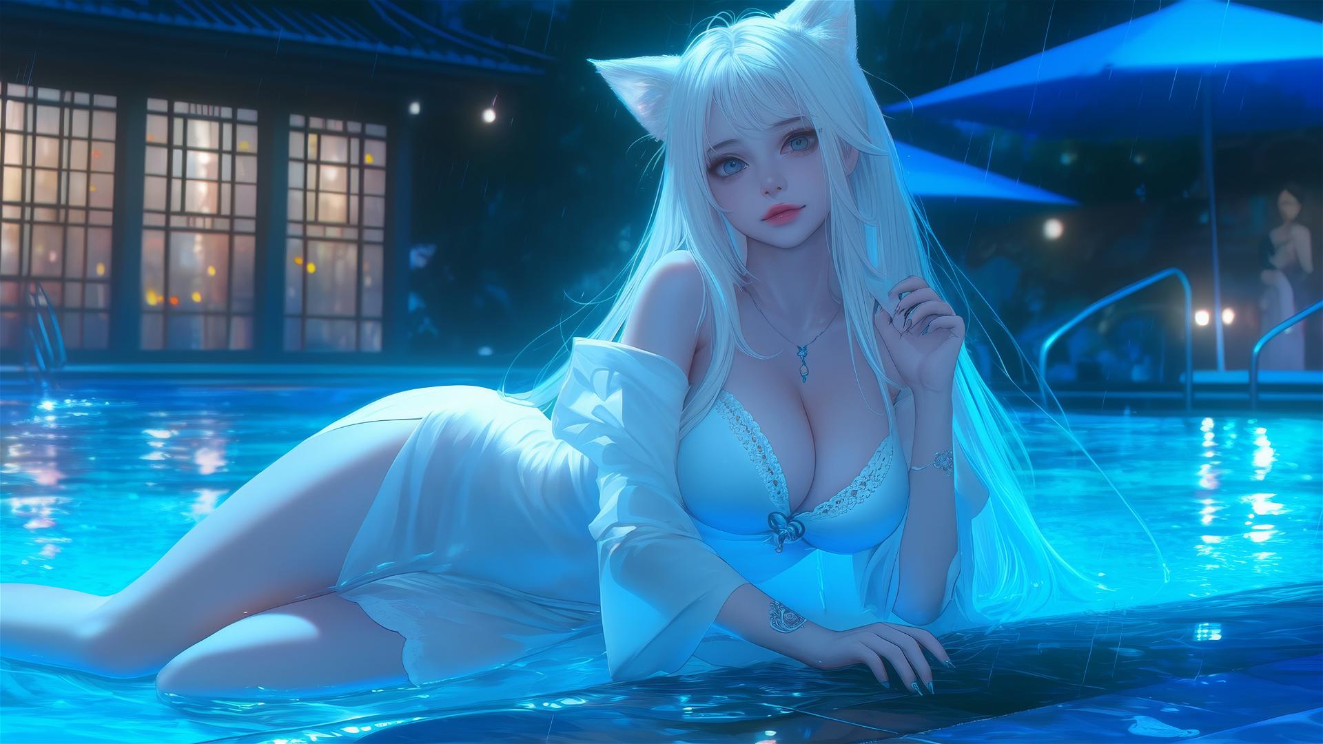 Kawaii cat girl resting by a pool under moonlit rain