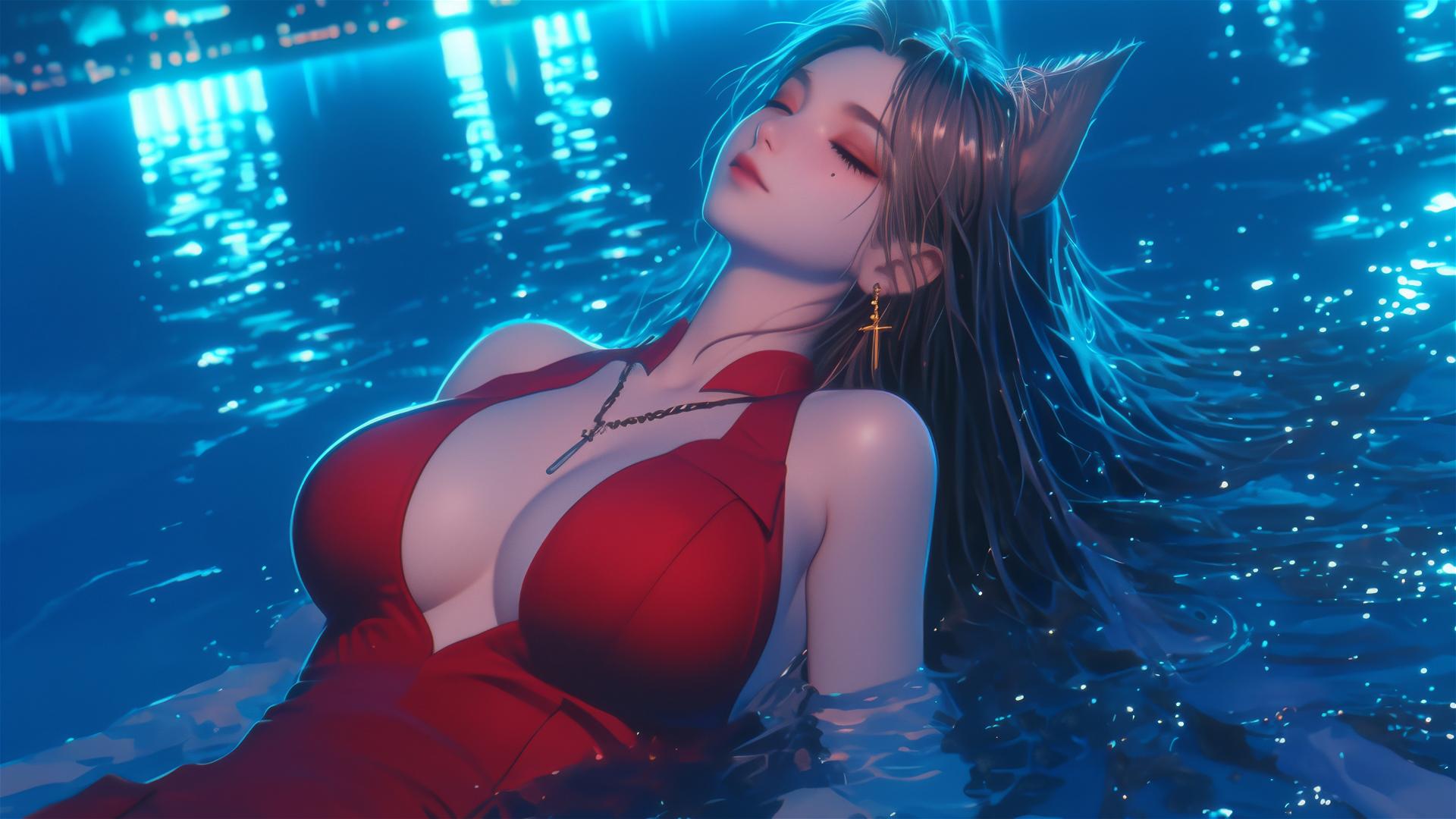Cat girl resting at a rainy swimming pool under moonlight in a red dress.