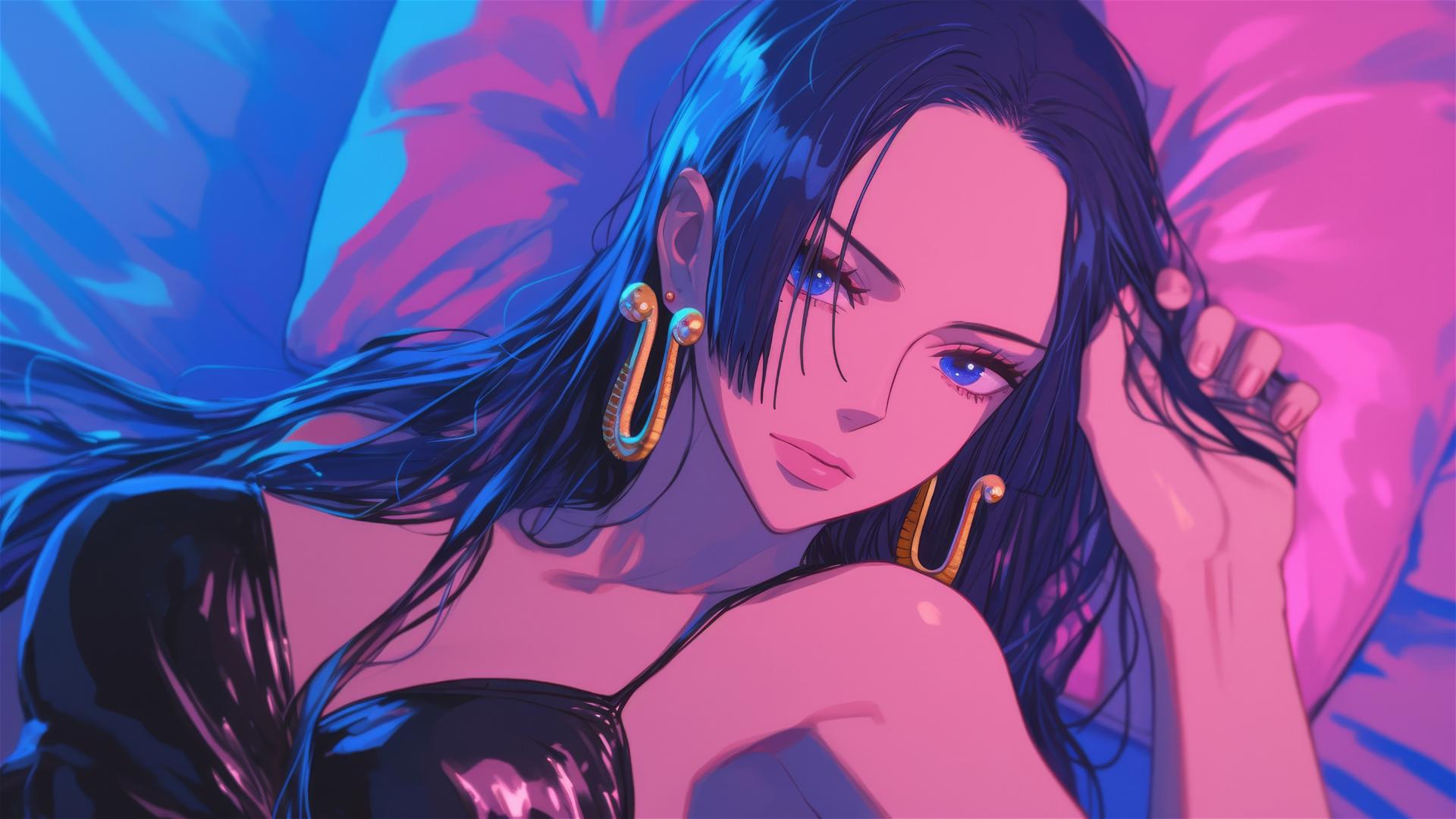 Boa Hancock from One Piece in bed, wearing black and pink leather, neon pink background.