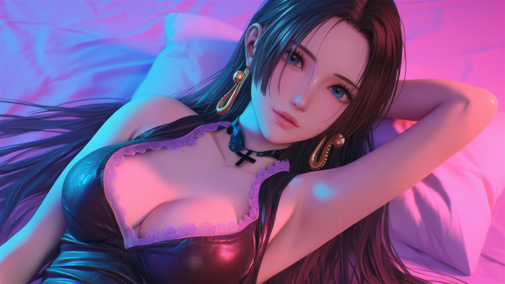 Boa Hancock from One Piece in bed, black and pink leather, neon colors, pink background