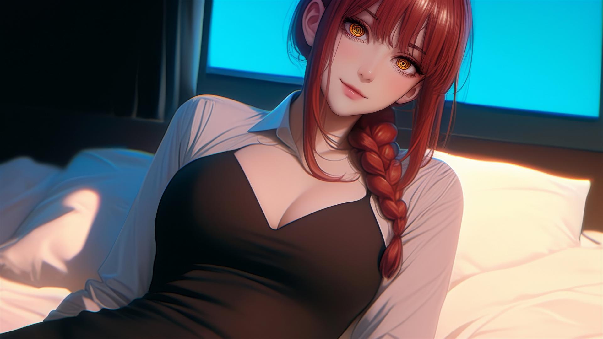 Makima from Chainsaw Man lying in bed, viewed from above