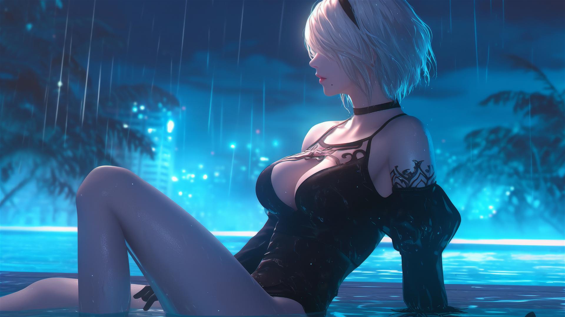 2B from Nier in casual attire, sitting relaxed by a rainy swimming pool under moonlight.