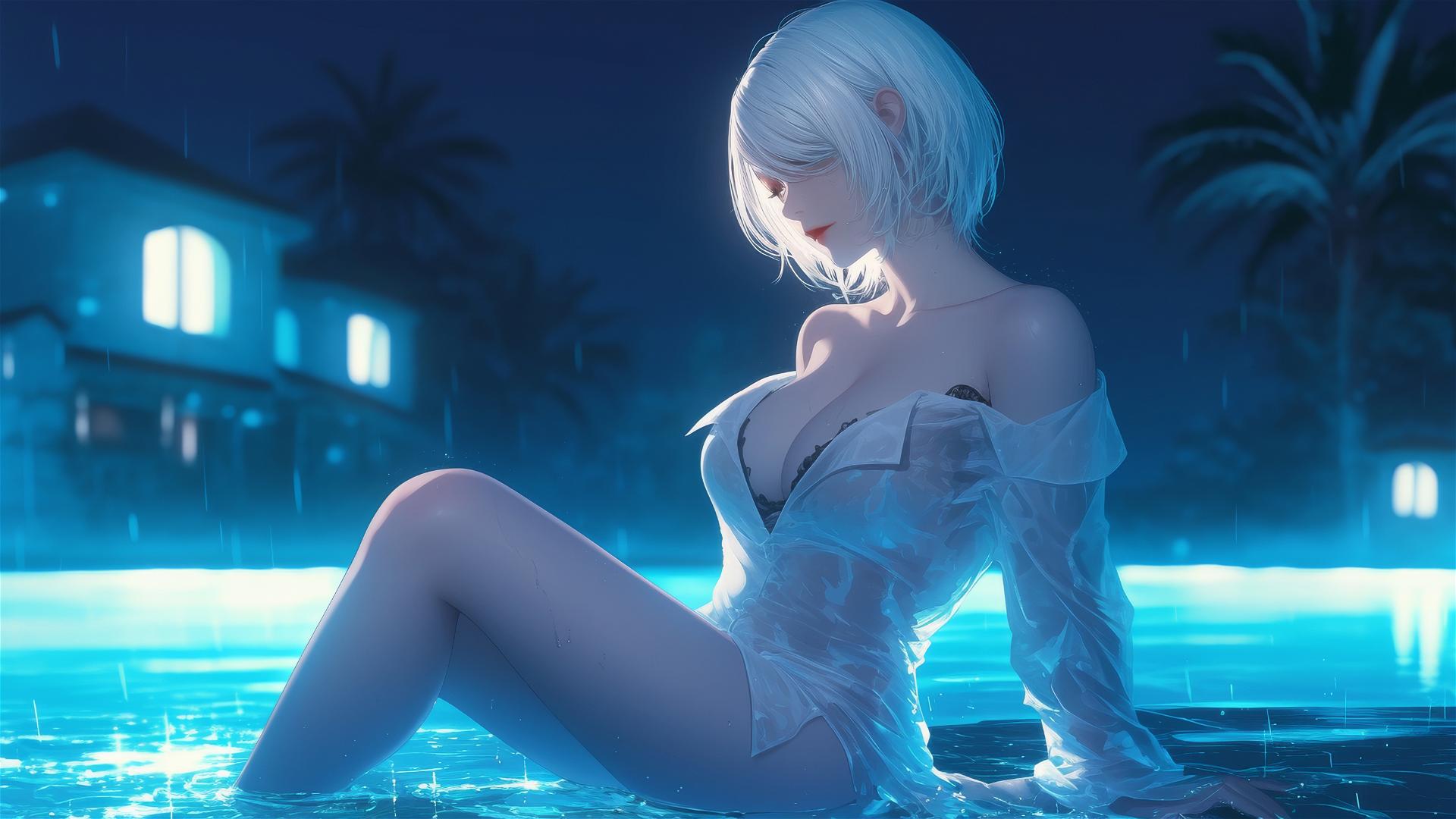 2B from Nier in white pajamas resting by a rainy pool under moonlight