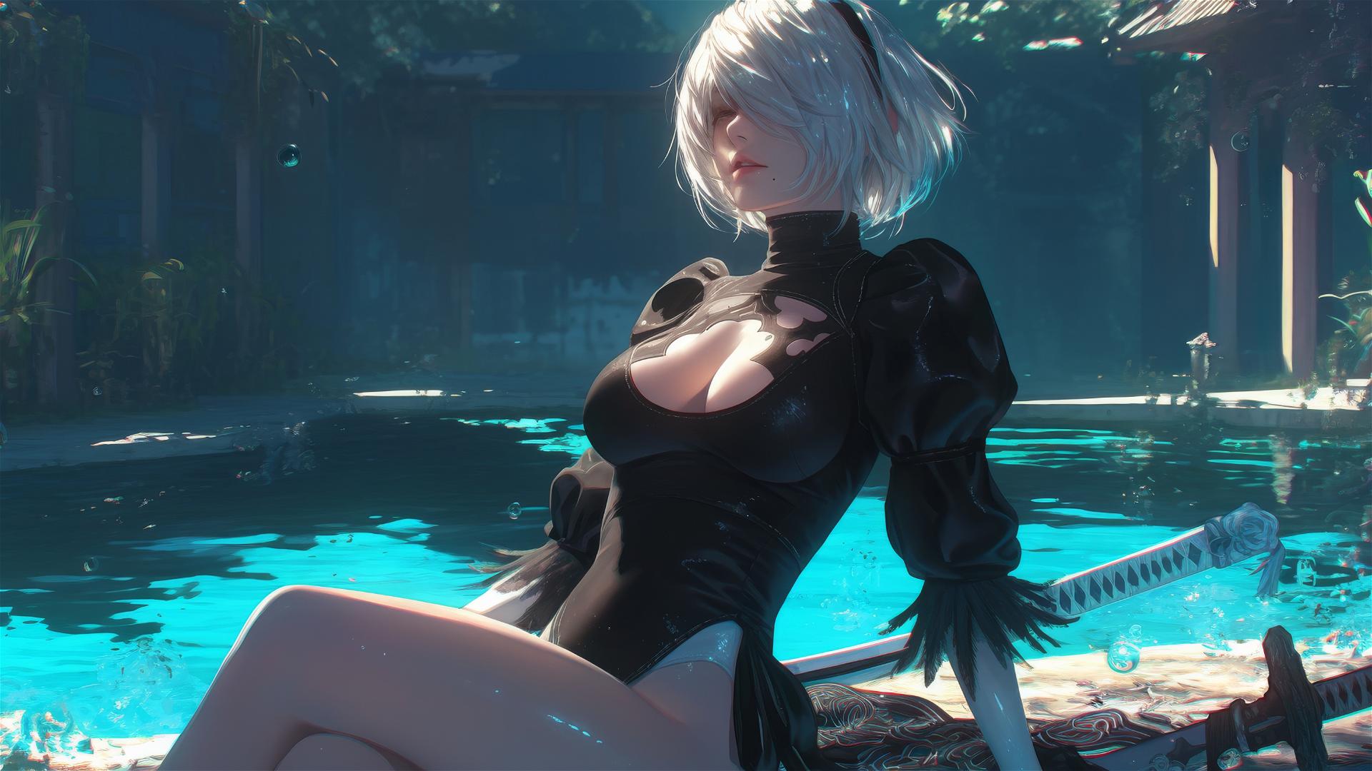 2B from Nier in casual attire relaxing by a rainy swimming pool under moonlight