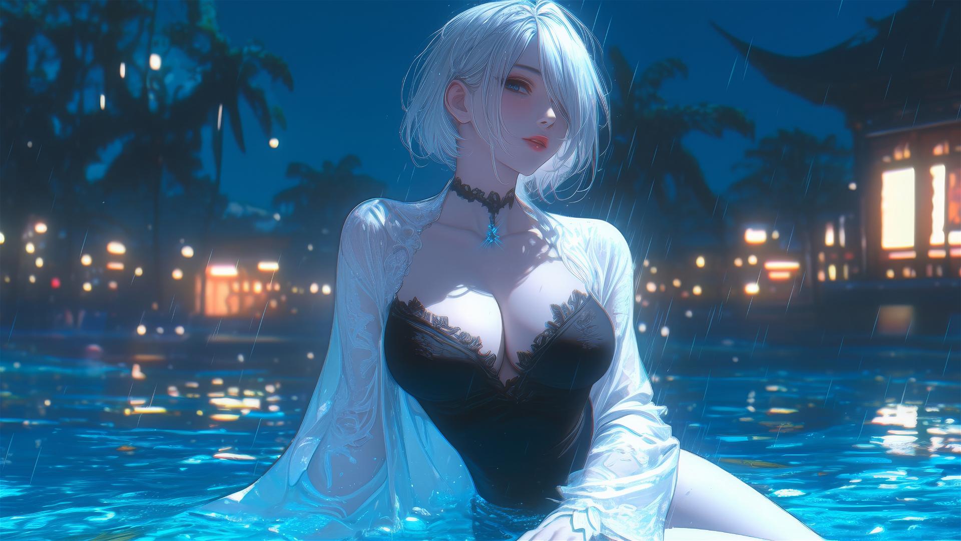 2B from Nier in casual white clothing sitting by a rainy swimming pool with moonlight glow.