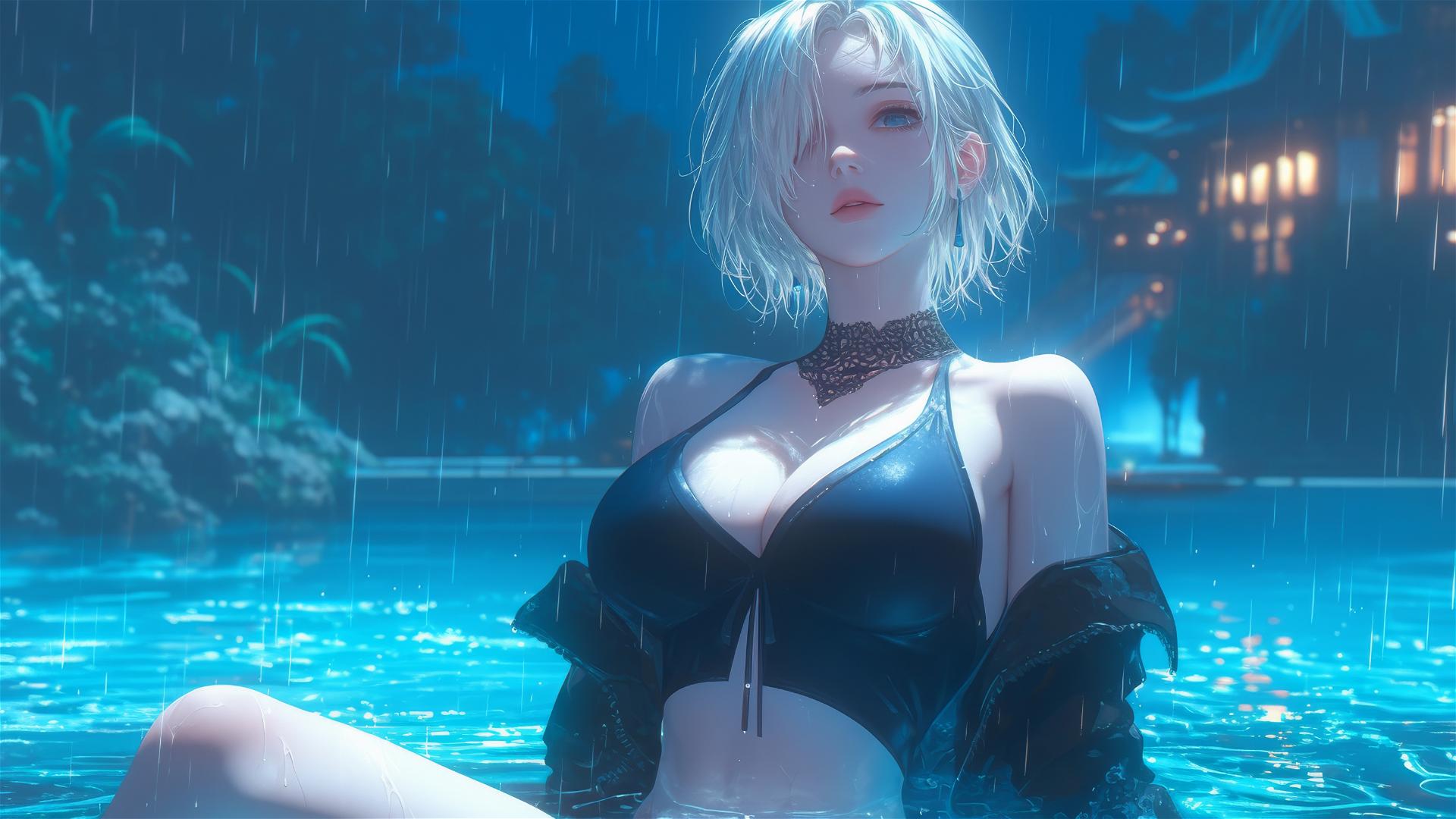 2B from Nier in casual attire resting by a moonlit pool