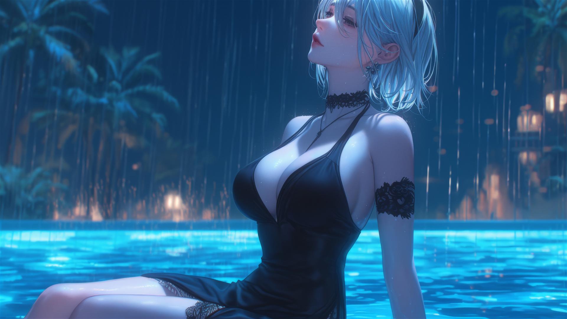 2B from Nier in casual clothes resting by a rainy pool under moonlight