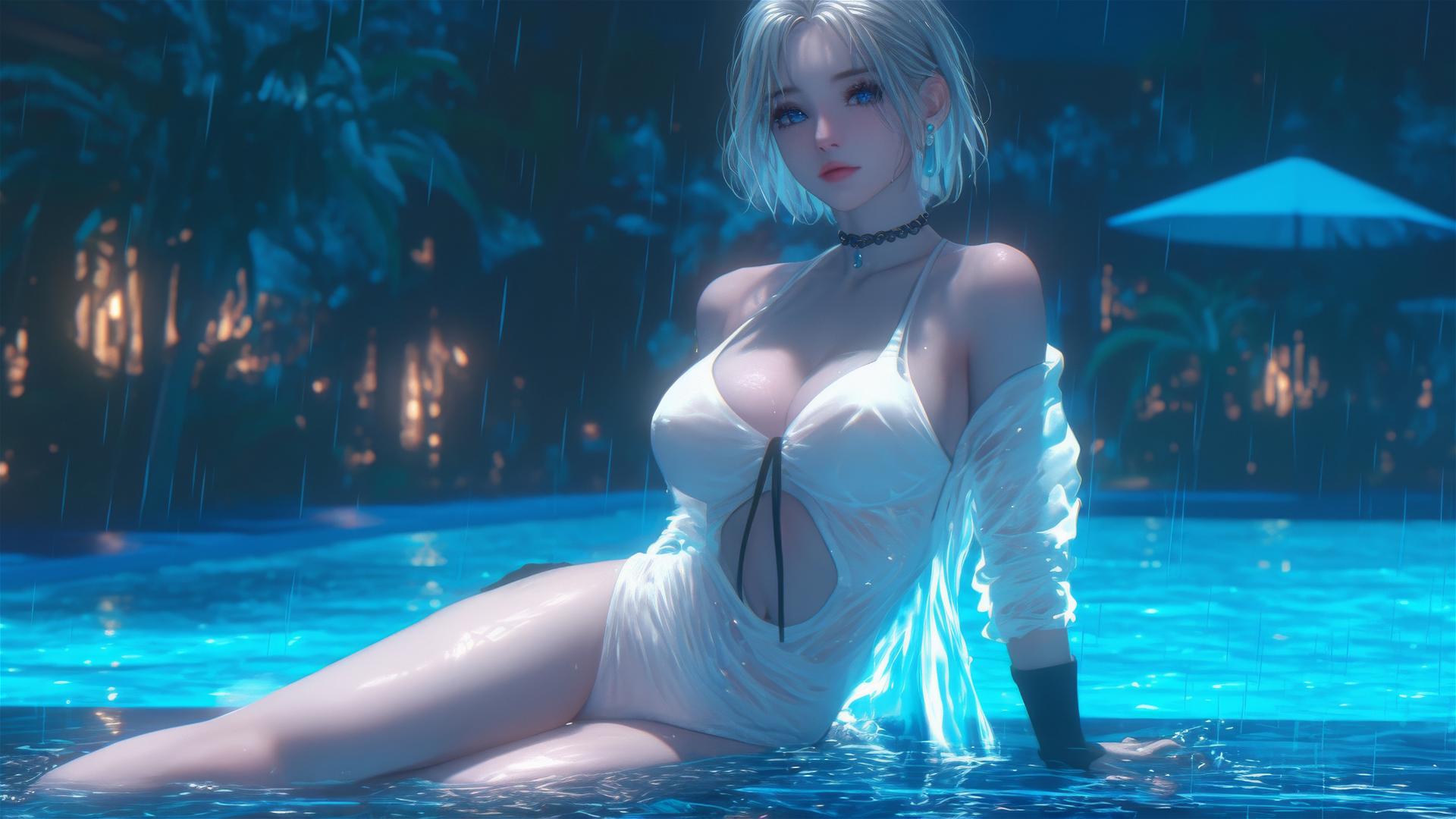 2B from Nier in white, resting at a rainy pool under moonlight