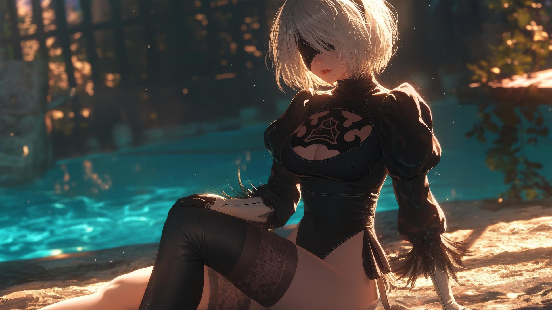 2B from Nier sitting by a rainy swimming pool under moonlight with short hair.