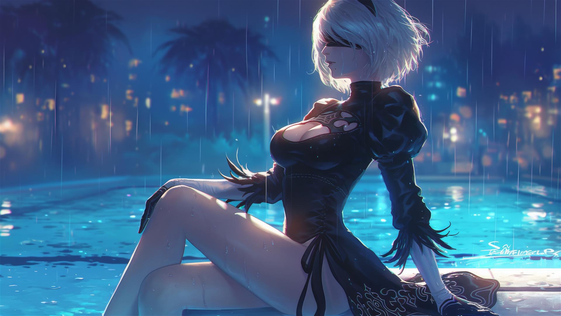 2B from Nier sitting by a rainy pool under moonlight, short hair