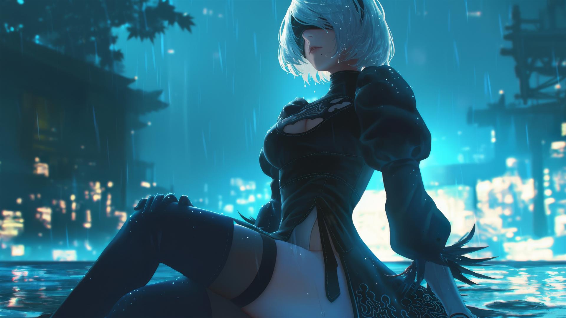 2B from Nier sitting leisurely at a rainy swimming pool under moonlight.