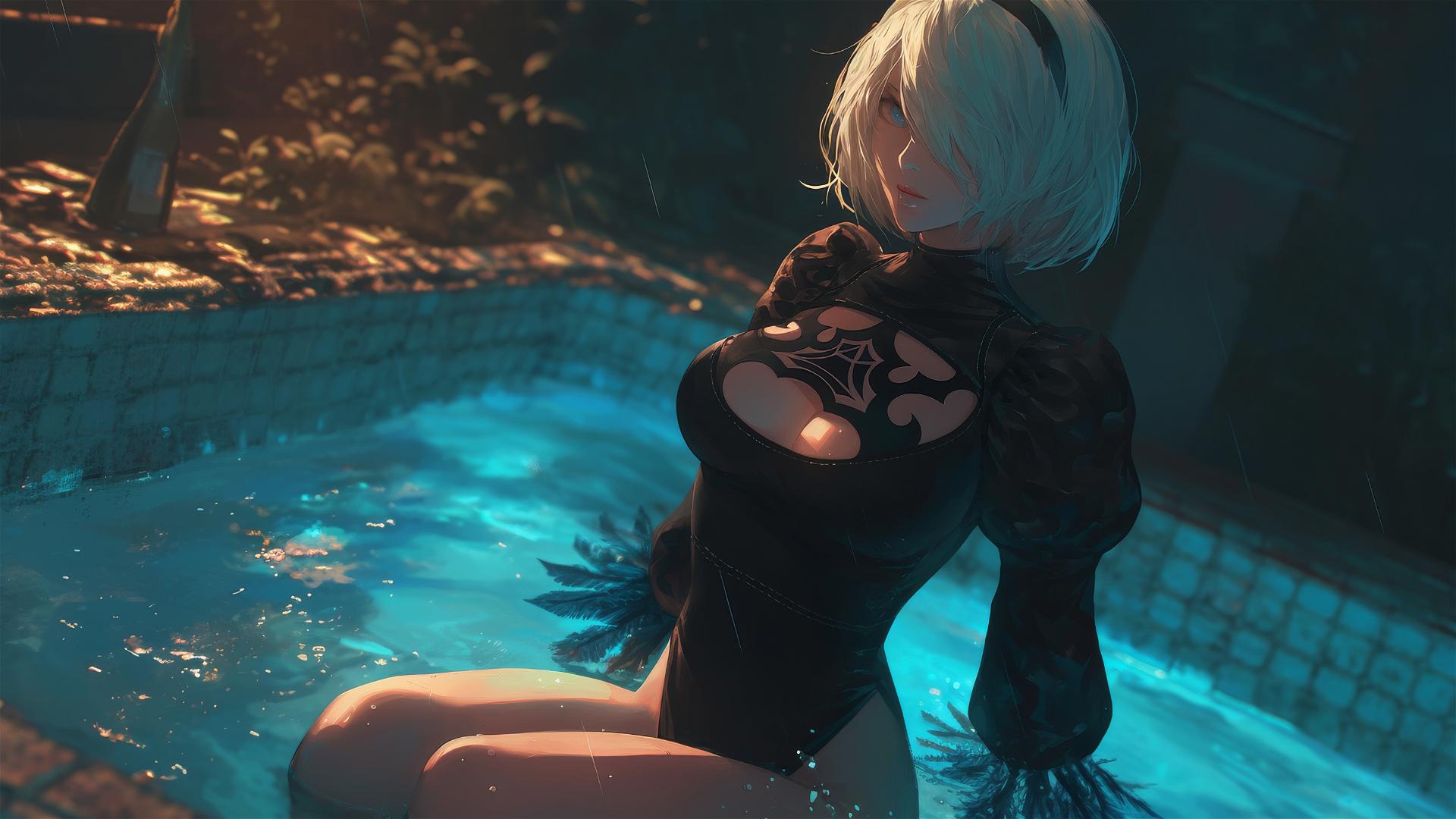 2B from Nier sitting by a rainy swimming pool under moonlight