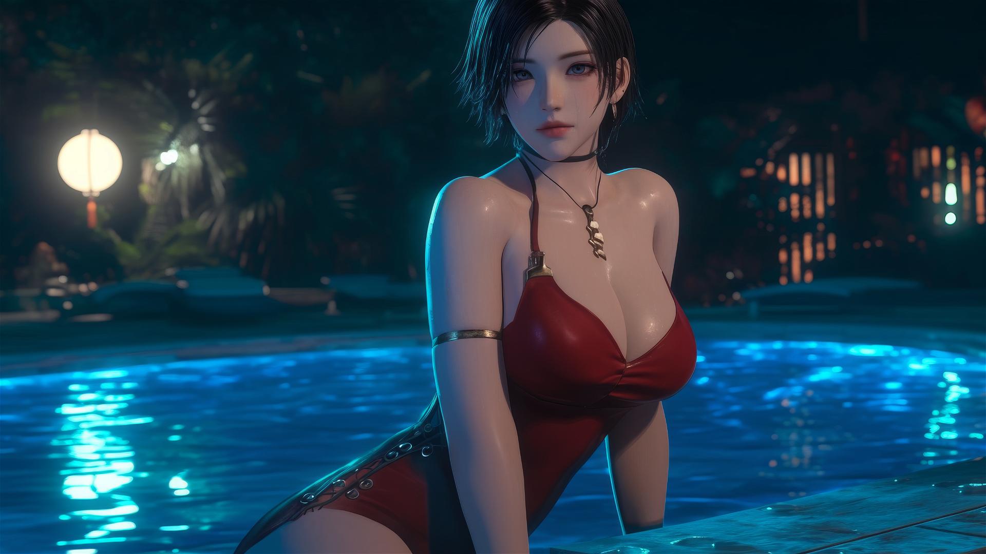 Ada Wong from Resident Evil resting by a rainy pool with moonlight glow.