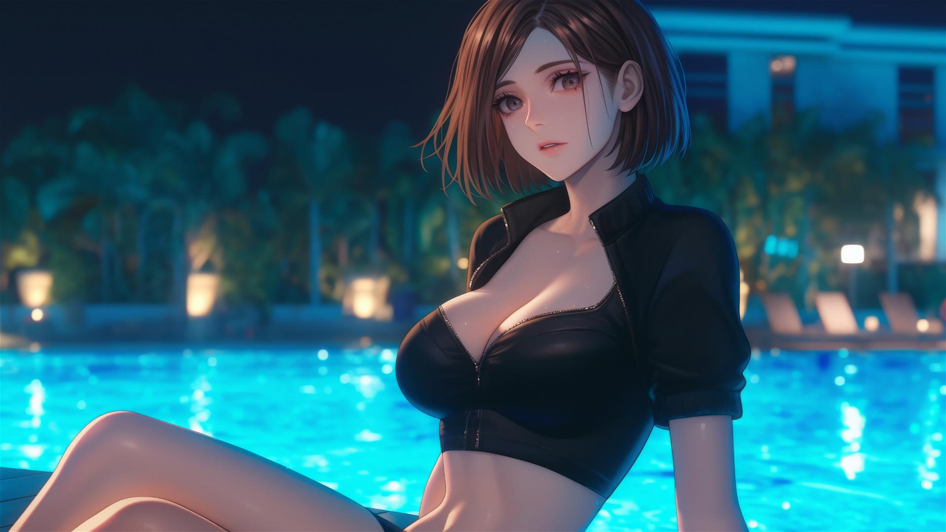 Nobara Kugisaki from Jujutsu Kaisen resting by a rainy swimming pool under moonlight.