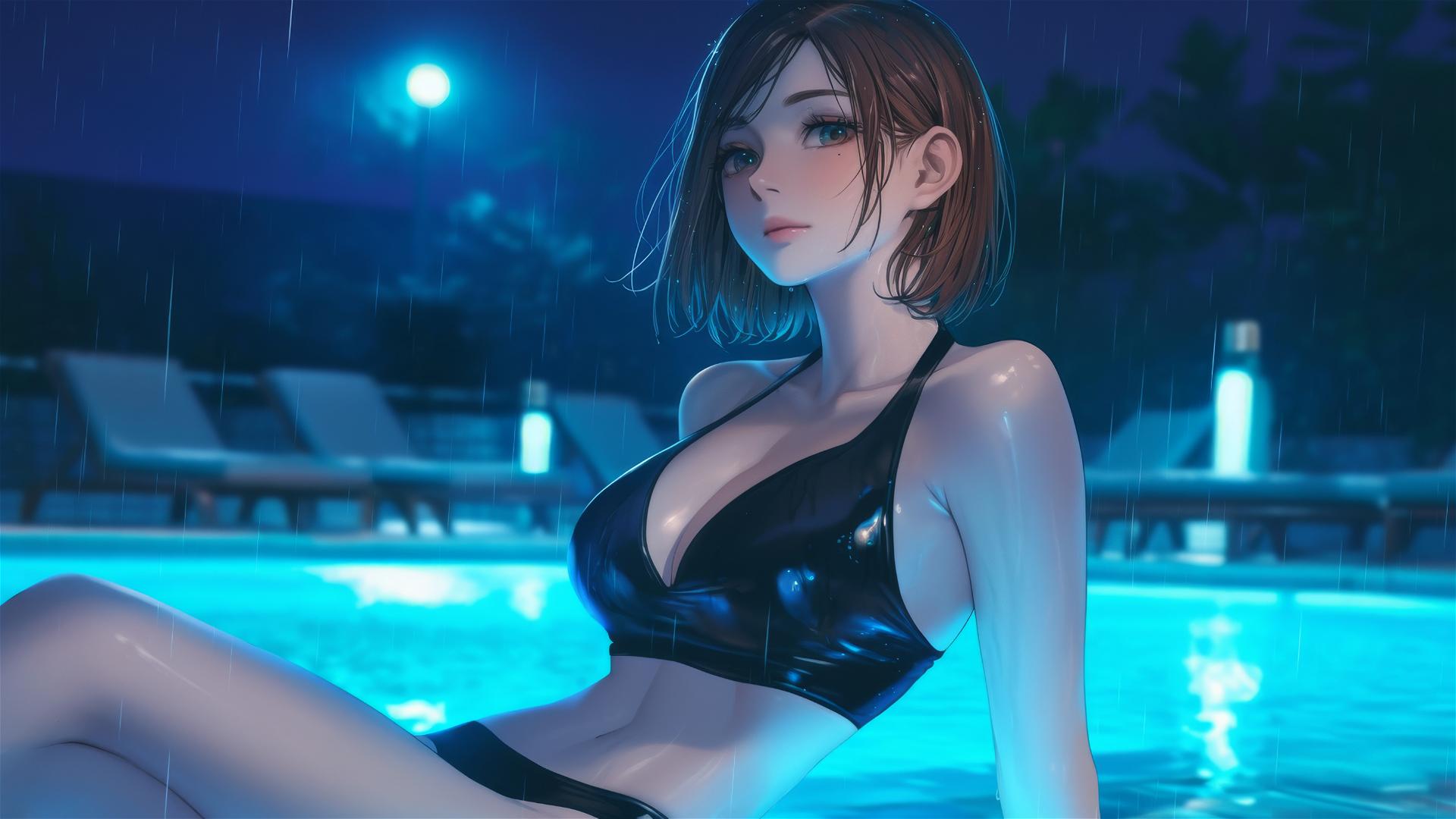 Nobara Kugisaki from Jujutsu Kaisen resting by a rainy swimming pool under moonlight.
