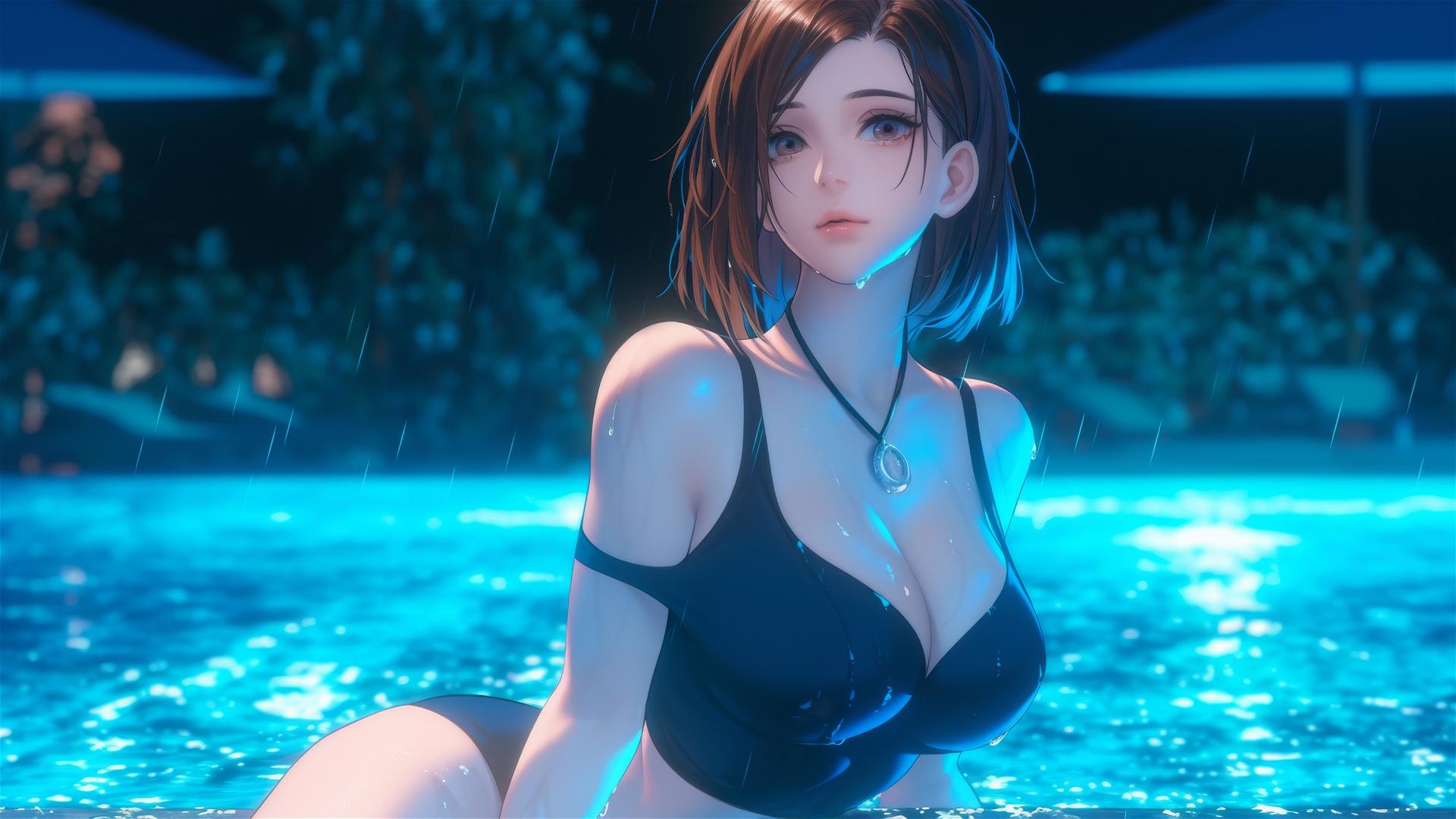 Nobara Kugisaki from Jujutsu Kaisen resting by a rainy pool under moonlight