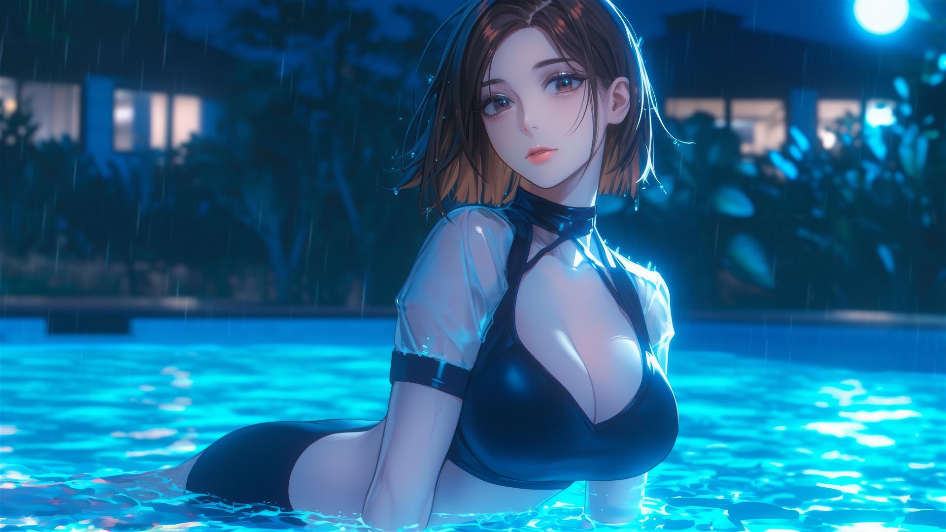 Nobara Kugisaki from Jujutsu Kaisen by a rainy swimming pool under moonlight