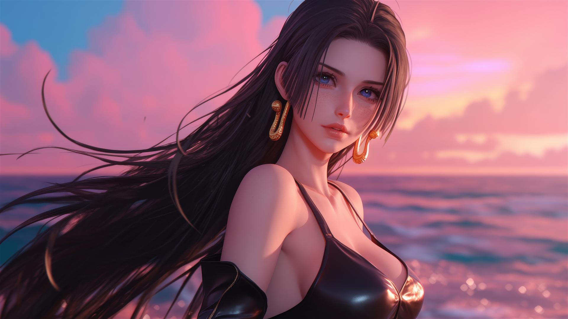 Anime-style Boa Hancock strides on beach at sunset