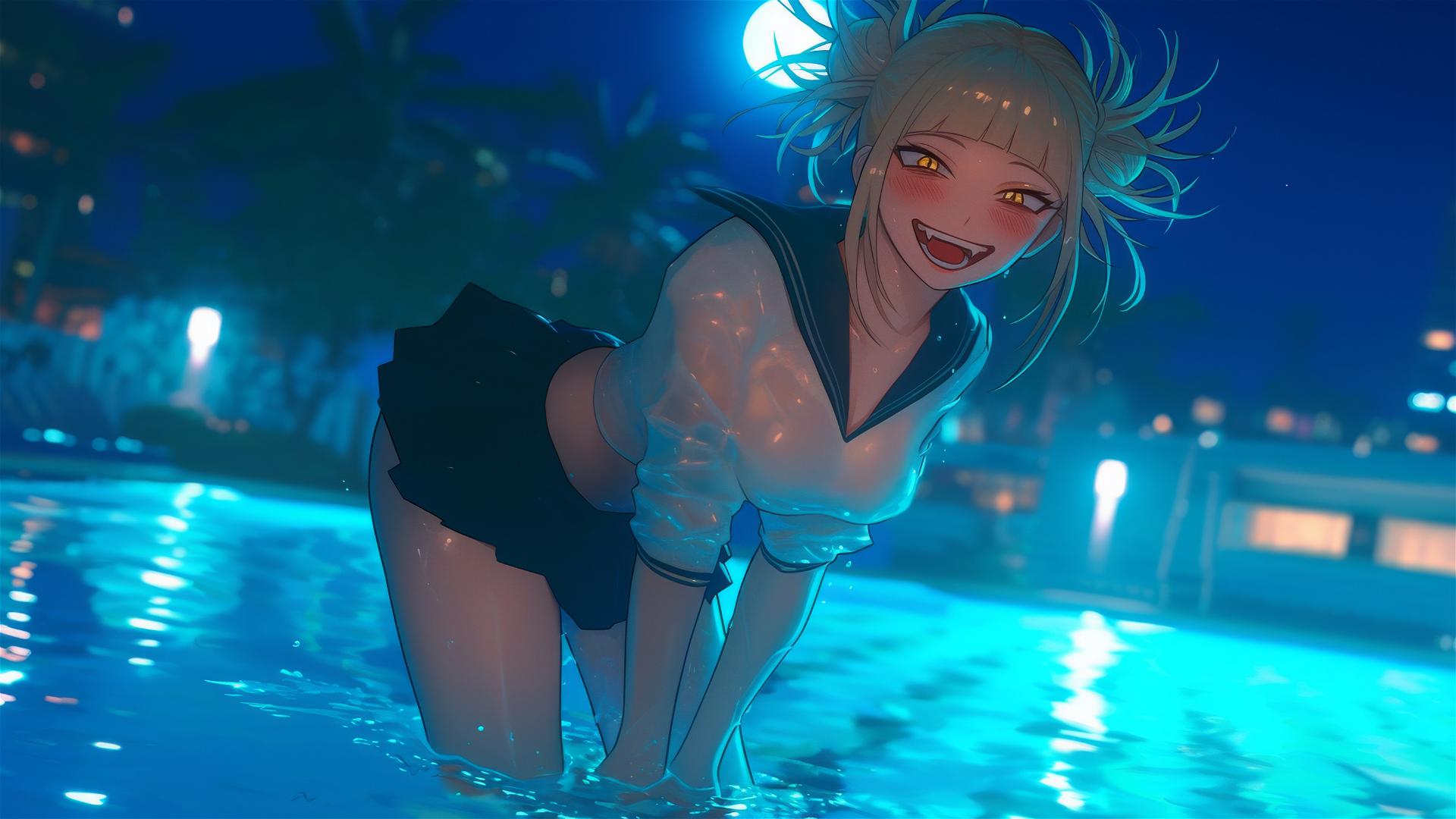 Himiko Toga from My Hero Academia jumps out of a pool under moonlight.