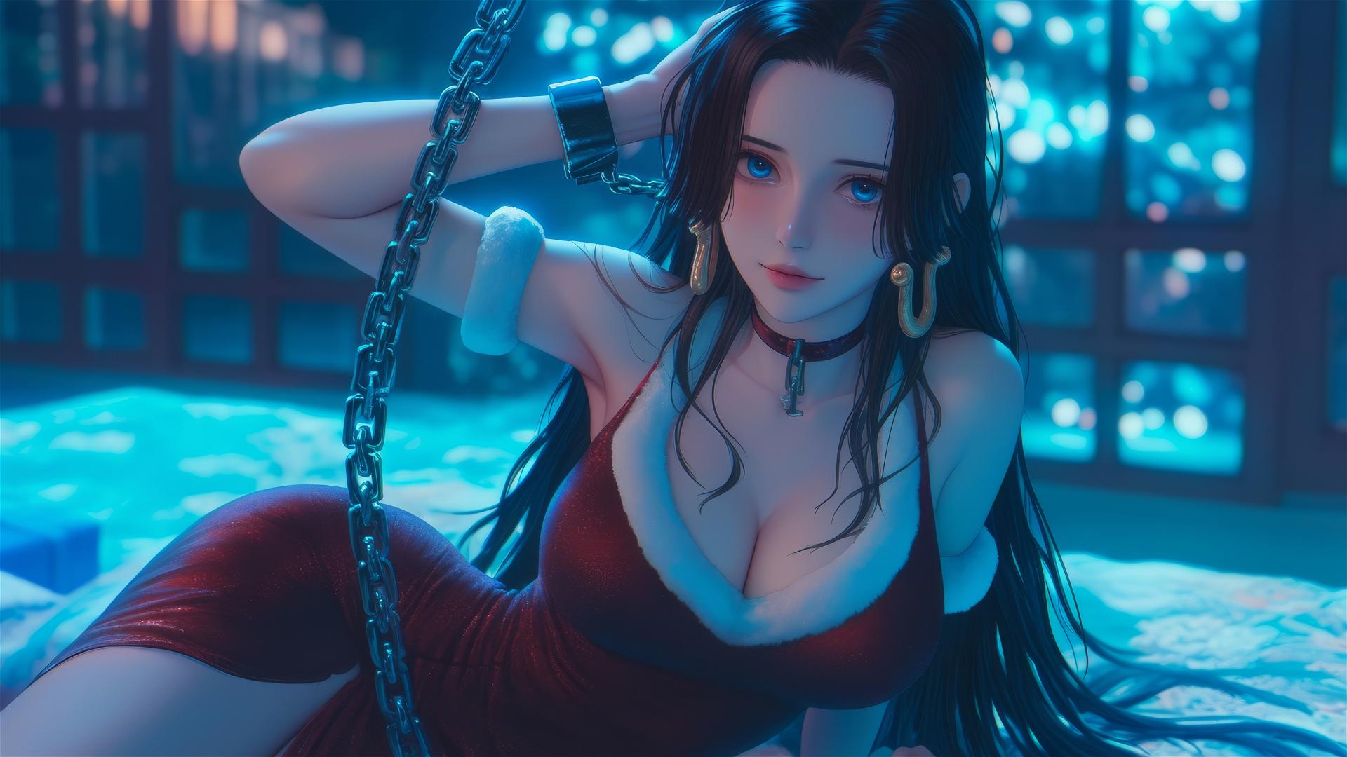 Boa Hancock in Christmas attire, chained, in neon-lit hotel room