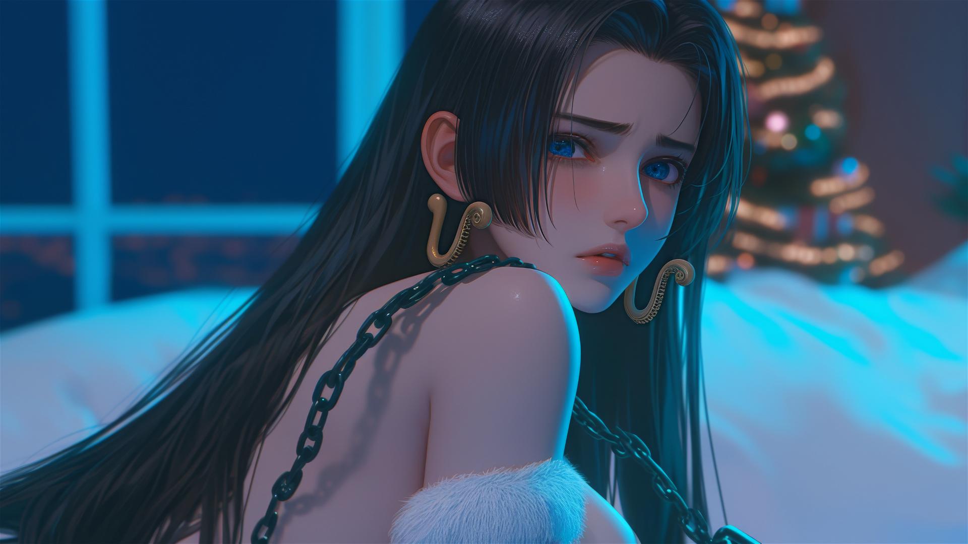 Boa Hancock from One Piece in Christmas costume, chained in a neon-lit modern hotel room.