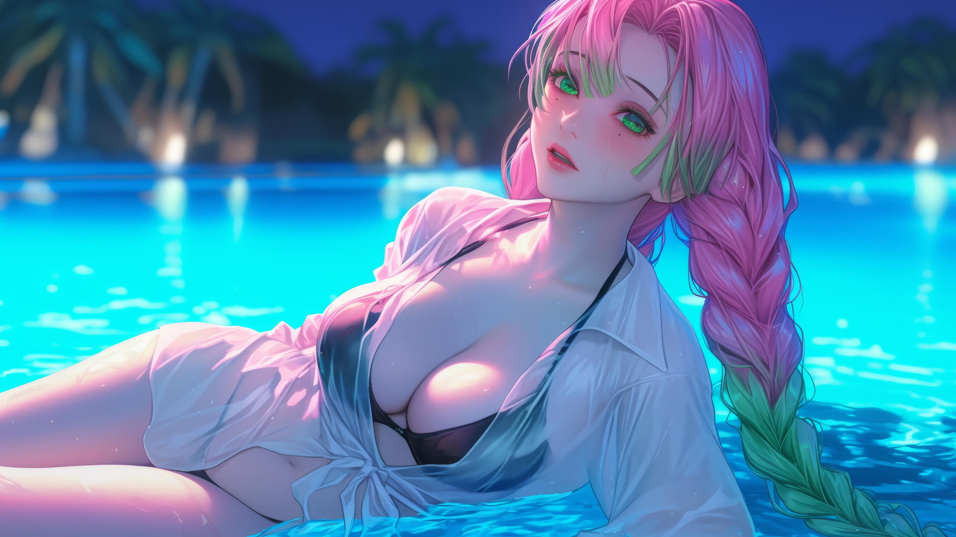 Mitsuri Kanroji resting by a rainy swimming pool under moonlight