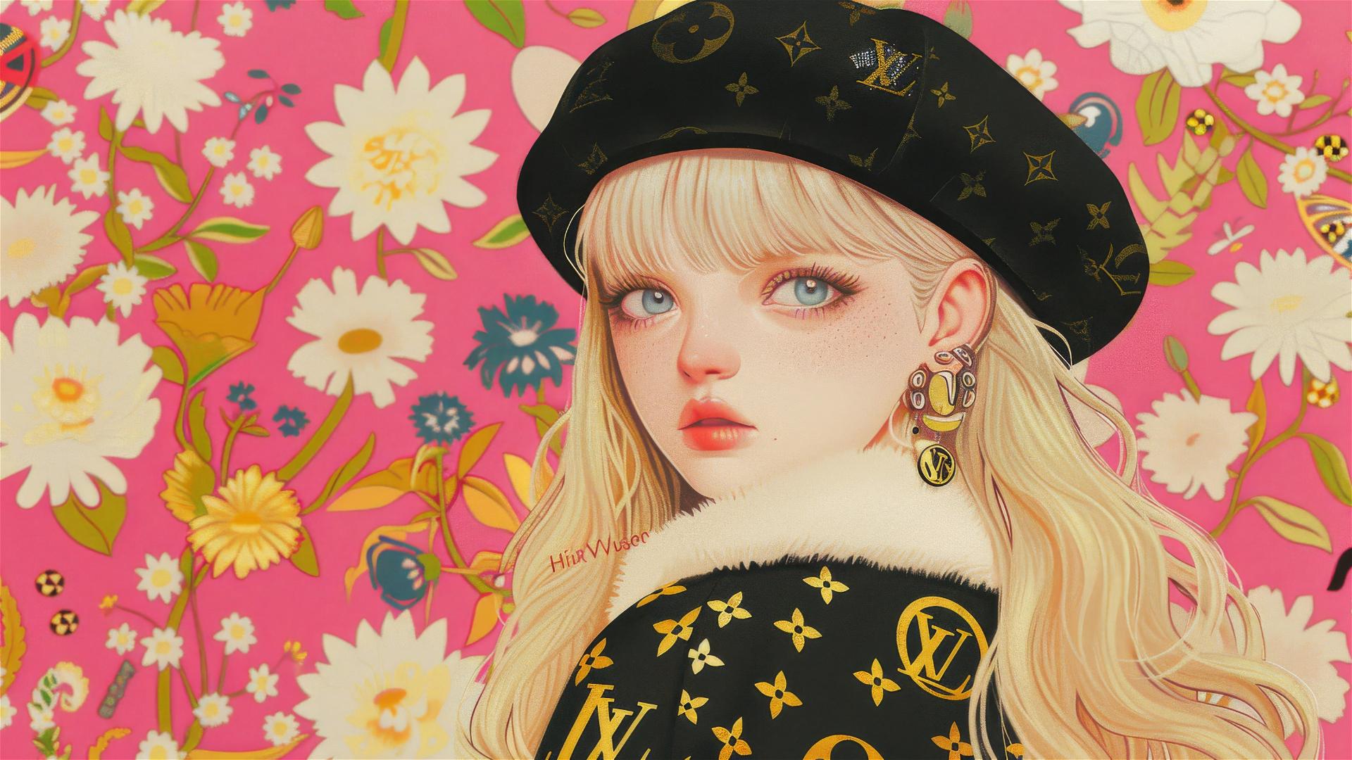 Blonde girl with blue eyes in a Louis Vuitton beret and floral Hikari Shimoda background