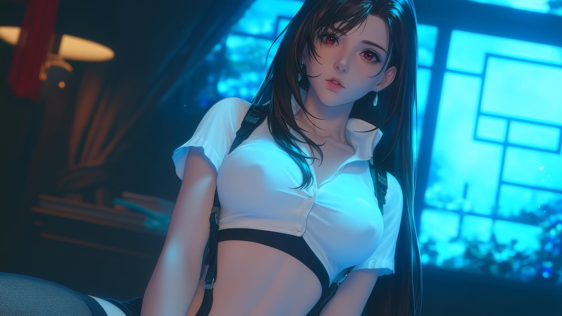 Tifa Lockhart kneeling in a hotel room with neon lights